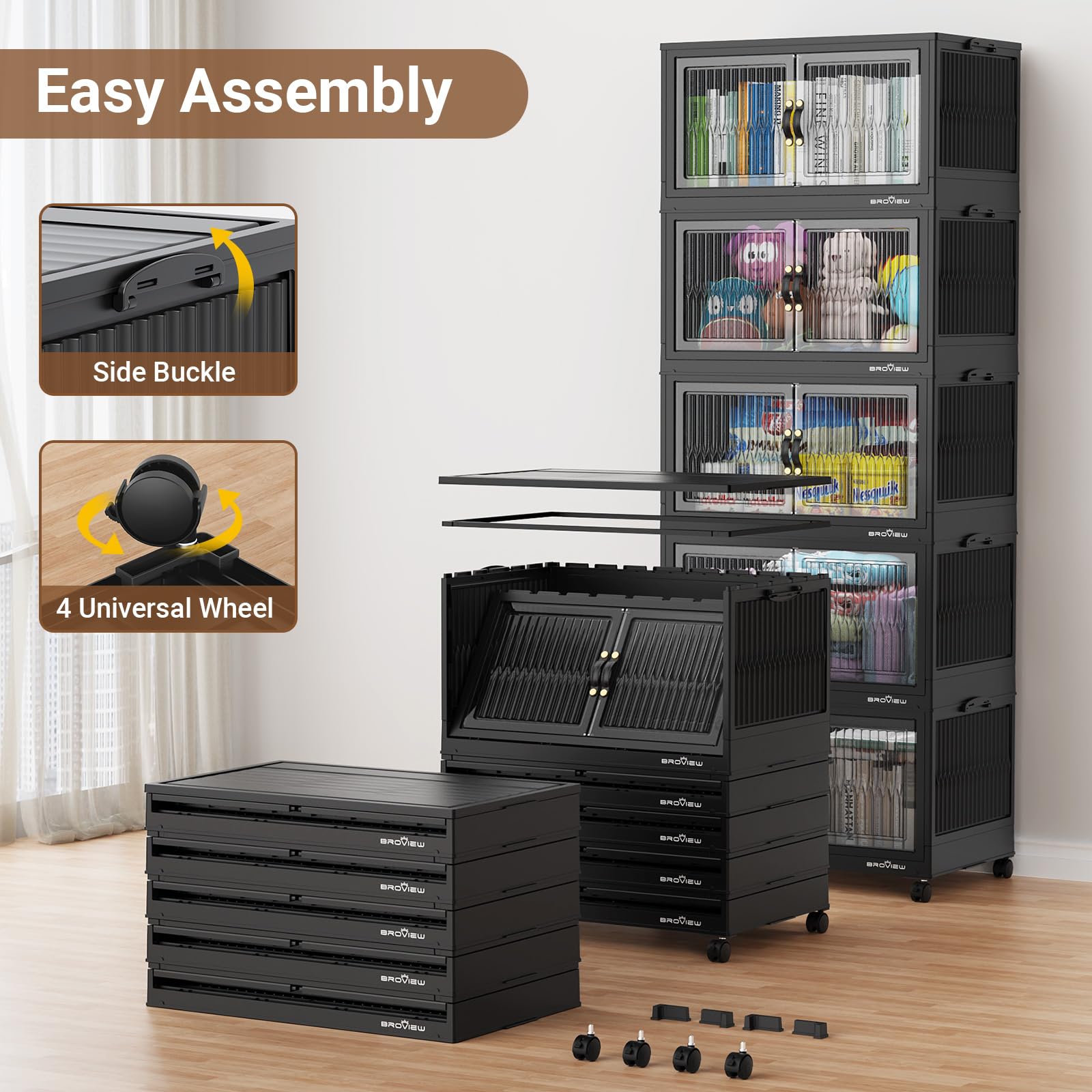 120 Gallon (480 Quart) Heavy-Duty Plastic Storage Bins with Lids - Stackable, Collapsible Organizer with Wheels for Closet, Home, Office & Dorm - Perfect for Clothes, Toys, Seasonal Items & Household Organization (Black)