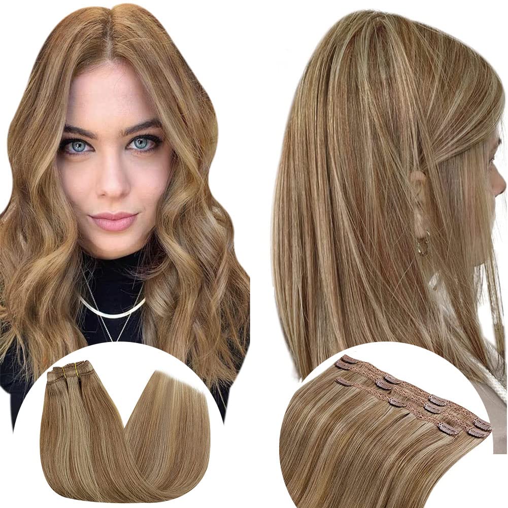 Clip-In Human Hair Extensions - Dark Blonde & Honey Blonde Mix - 9pc & 3pc Set - 12 Inch Length - Real Human Hair for Volume & Length - Perfect for Parties, Weddings & Daily Styling