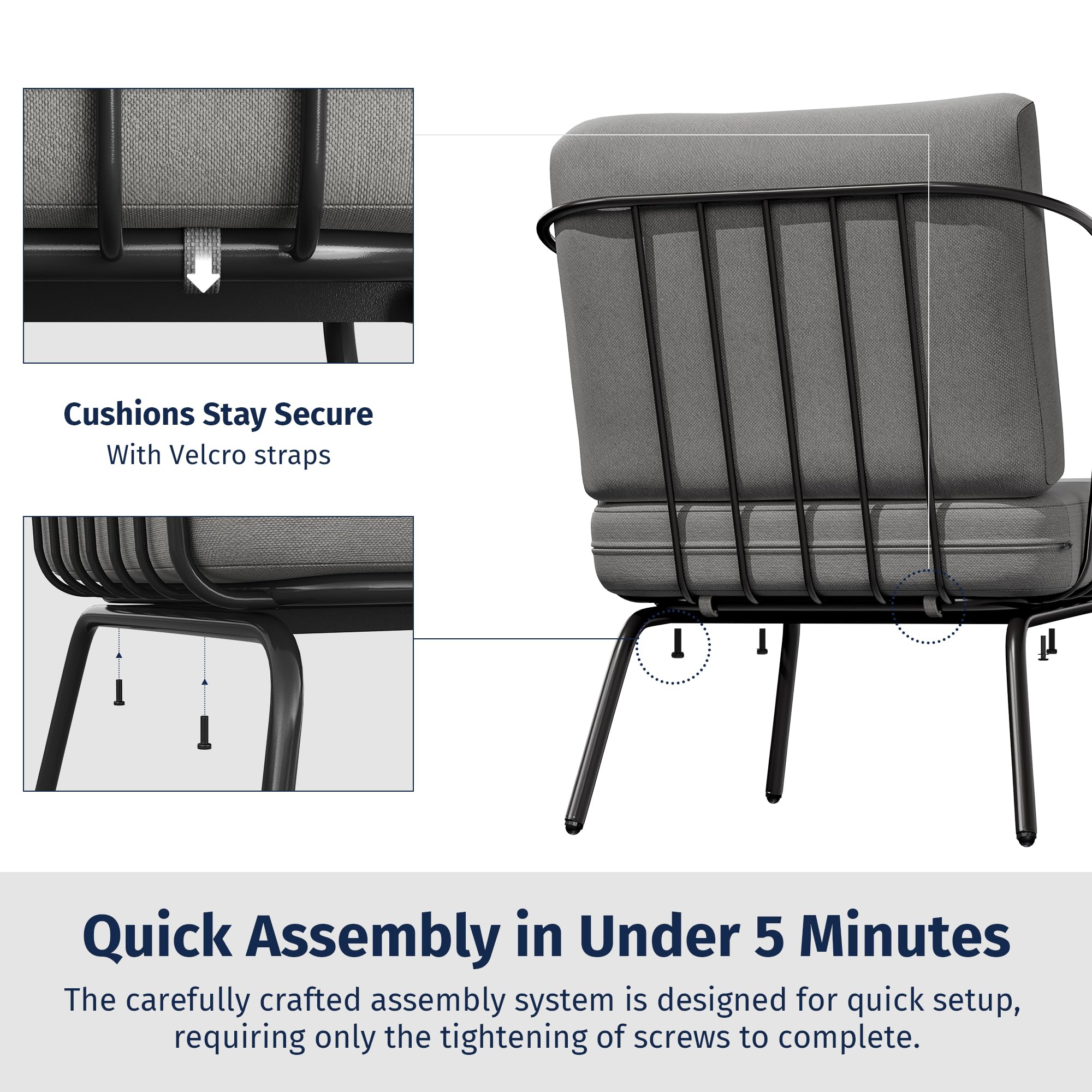 EAST OAK 3-Piece Outdoor Patio Furniture Set with Thick Cushions - Modern Black & Grey Bistro Sofa Set with Coffee Table for Balcony, Garden or Backyard - Perfect for Relaxing, Entertaining and Outdoor Dining