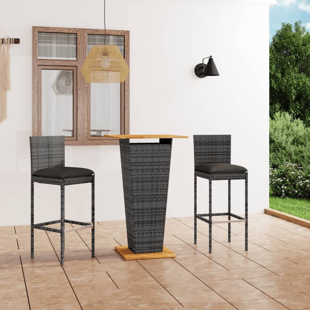 vidaXL 3-Piece Patio Bar Set with Cushions - Gray Poly Rattan Outdoor Bistro Furniture for Garden, Balcony, Backyard & Terrace - Perfect for Dining, Lounging & Entertaining Guests