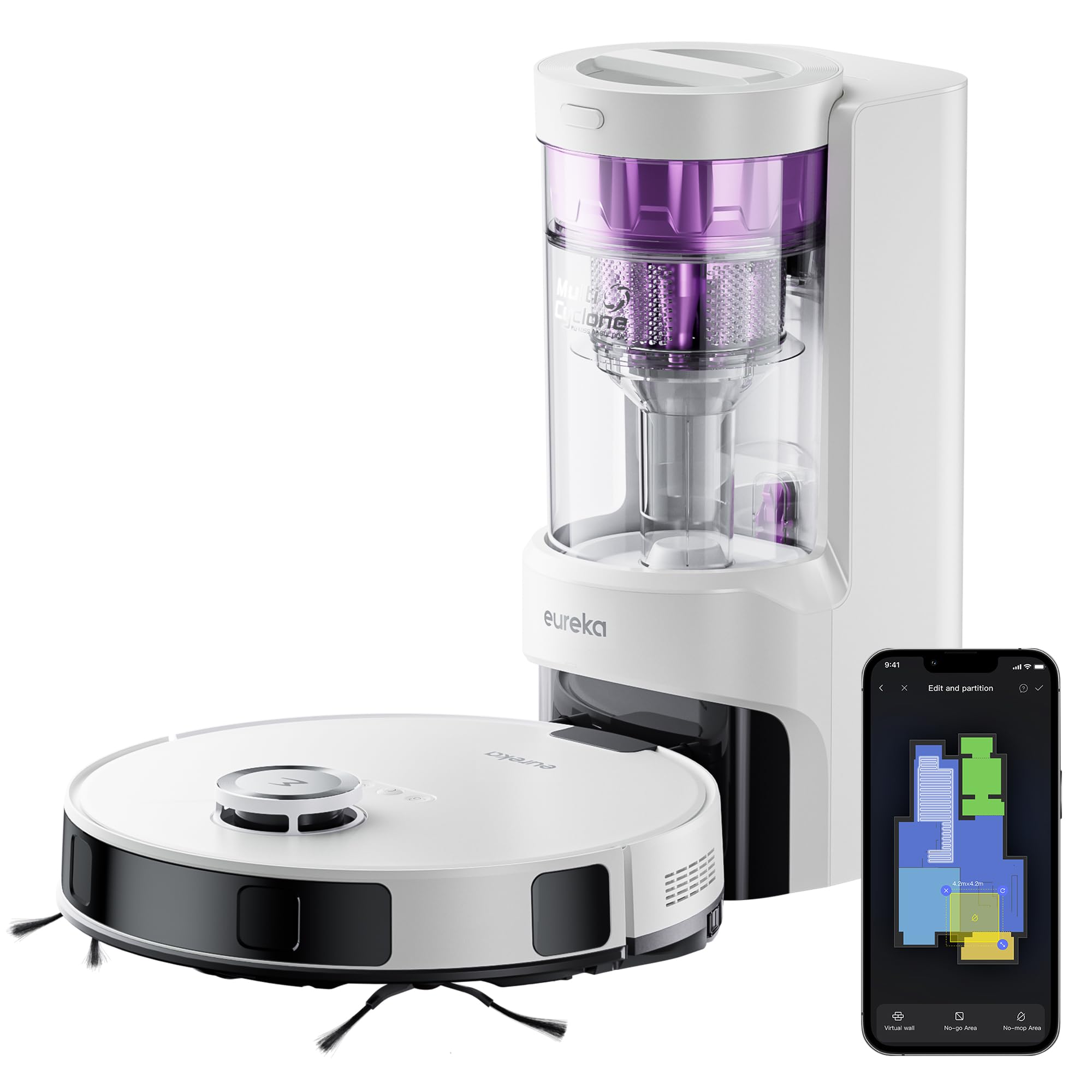 Eureka E10s Robot Vacuum and Mop Combo with Self-Emptying Station - 4000Pa Strong Suction for Pet Hair, Carpets & Hard Floors - 45-Day Capacity, Bagless Design, Auto-Lifting Mop, WiFi App Control (White) - Perfect for Smart Homes with Pets and Multi-Surface Cleaning
