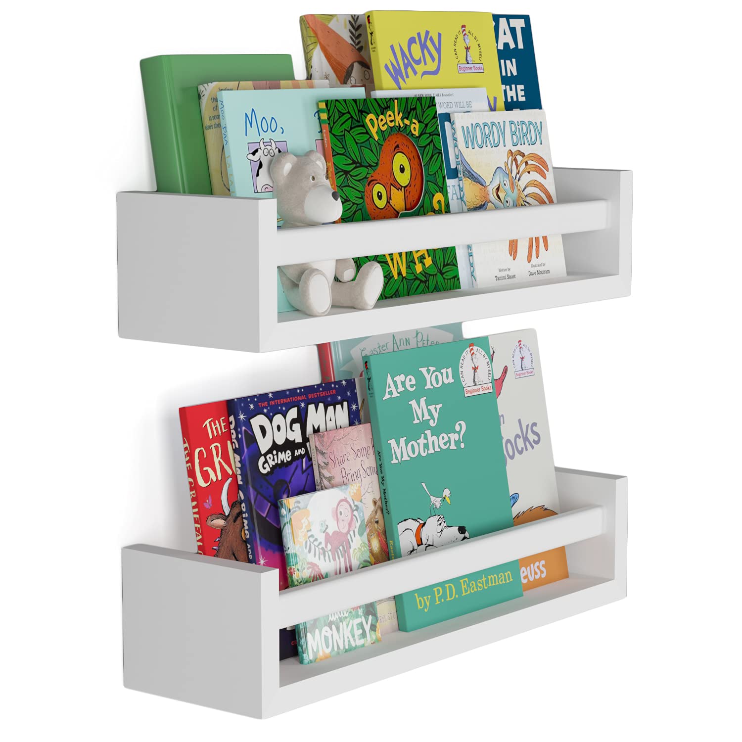 Elba Floating Bookshelves for Kids - Set of 2 White Wall-Mounted Nursery Shelves | Space-Saving Book Storage for Bedroom, Playroom & Classroom Decor