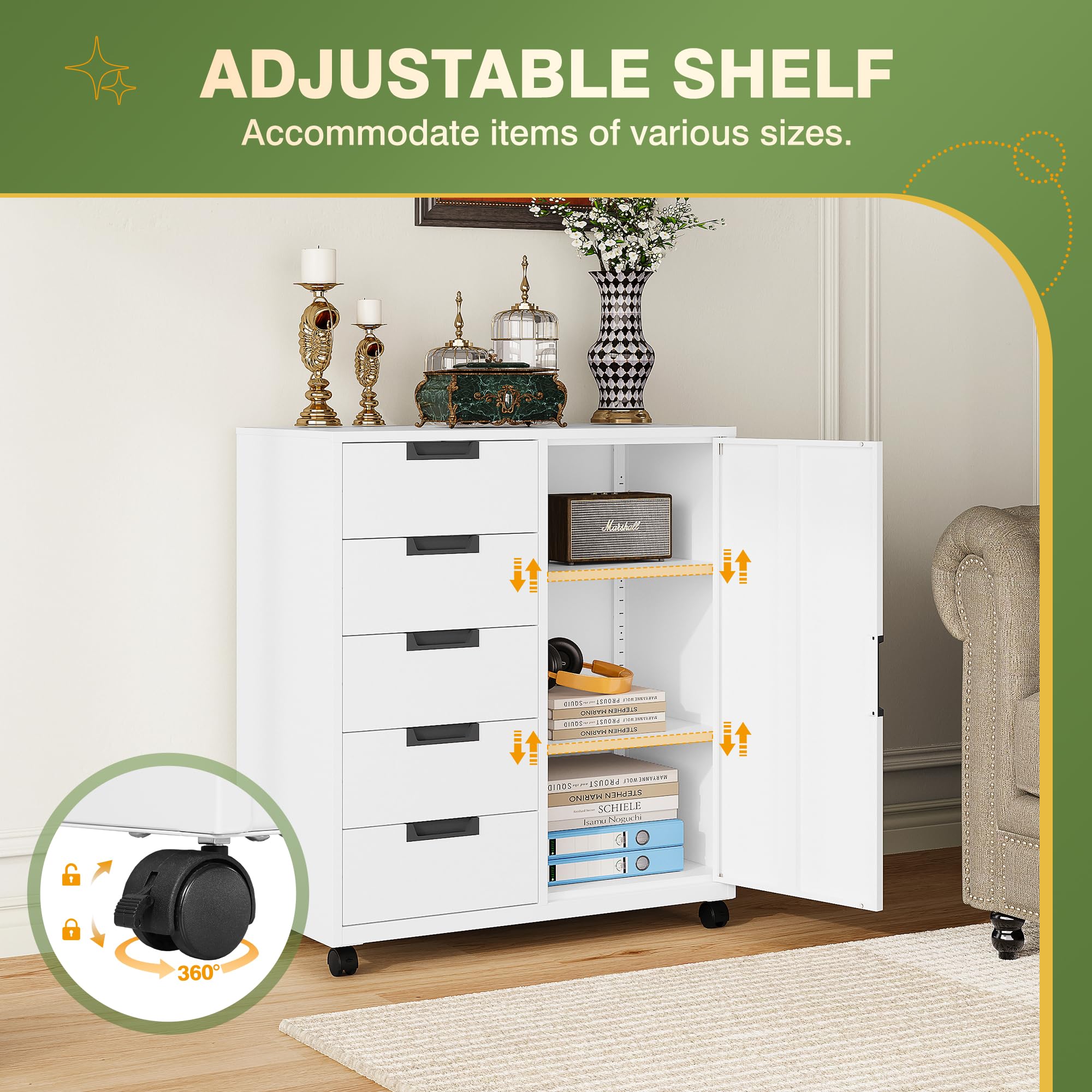5-Drawer Metal Storage Cabinet with Doors & Shelves - White Mobile File Cabinet, Dresser Chest for Home Office - Perfect for Organizing Files, Office Supplies & Printer Storage