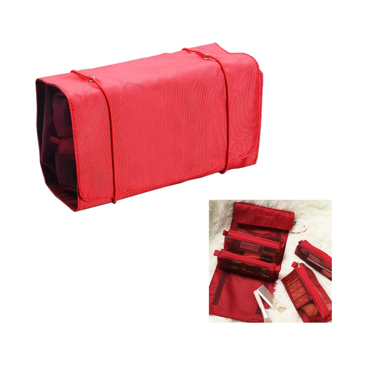 Travel Size Toiletries Organizer Set - 4 Mesh Hanging Bags for Women | Portable Makeup & Cosmetic Storage | Perfect for Backpacking, Gym, Air Travel & Camping (Red)