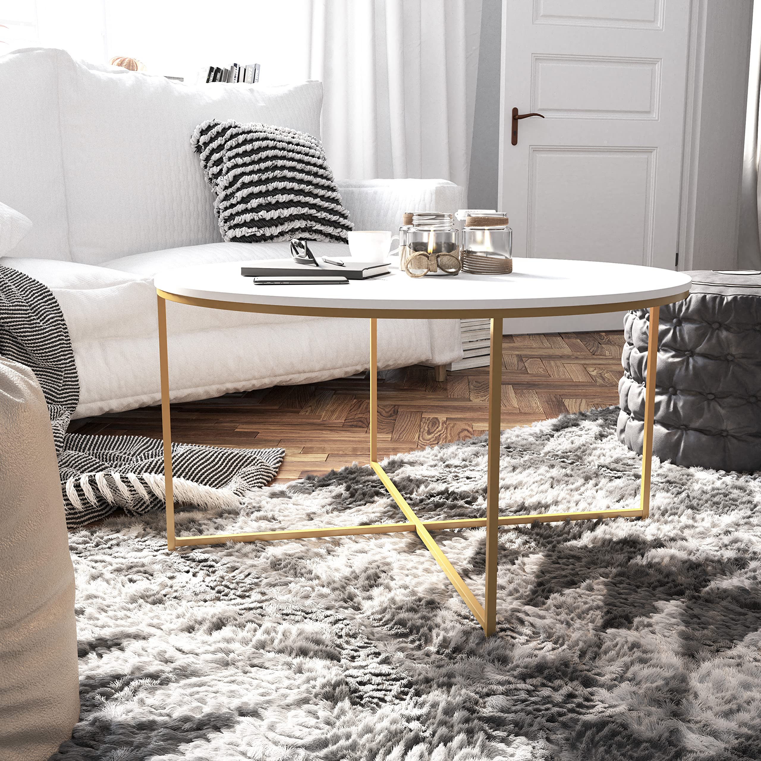 Modern White Finish Coffee Table with Crisscross Brushed Gold Frame - Hampstead Collection - Stylish Living Room Furniture for Home Decor & Entertaining