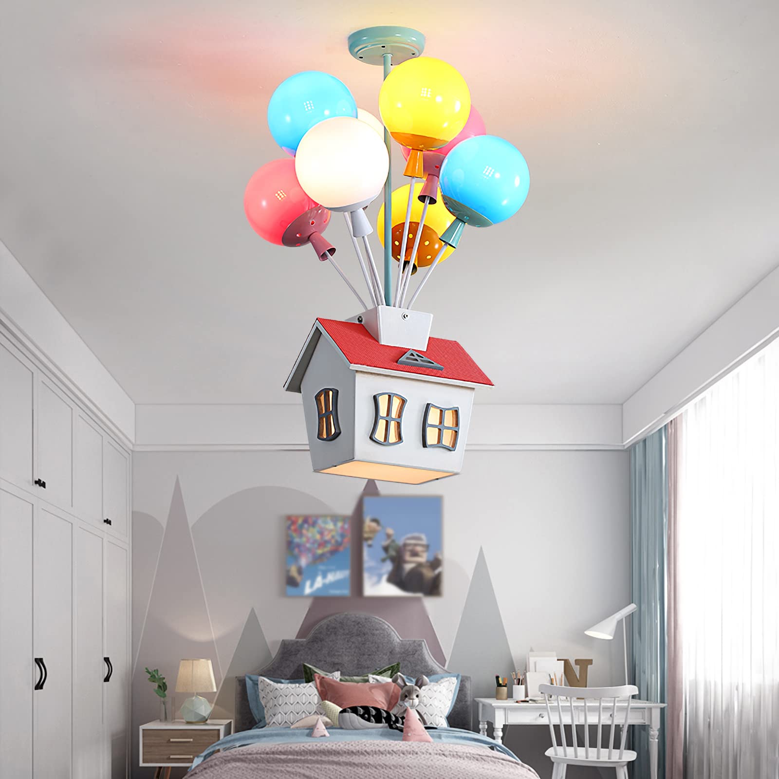 Colorful Balloon Wood Chandelier - Cartoon House Shape Kids Ceiling Light with Acrylic Lampshade, 8-Light Sputnik Design for Girls & Boys Bedroom (D18.1 x H22.8 IN) - Perfect for Nursery, Playroom & Children's Room Decor