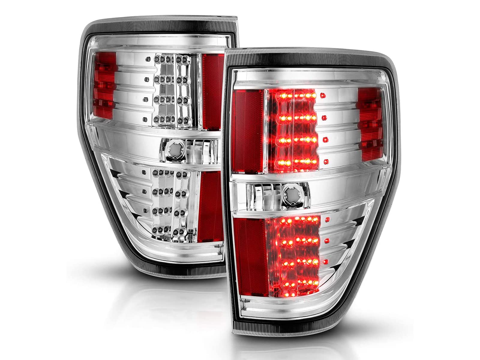 AmeriLite Chrome LED Replacement Brake Tail Lights Set for 2009-2014 Ford F-150 - Left & Right Side - Enhanced Visibility & Safety for Night Driving & Towing