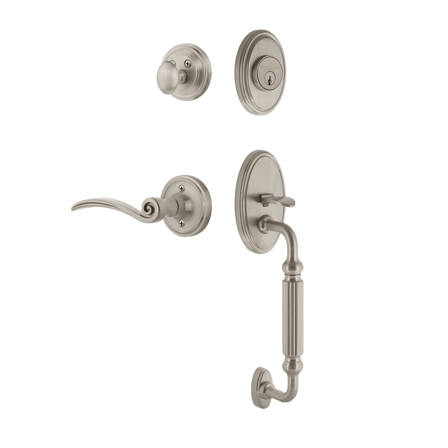 Classic Satin Nickel Handleset with F Grip & Swan Lever Rosette - Vintage Door Hardware for Home & Office Entryways