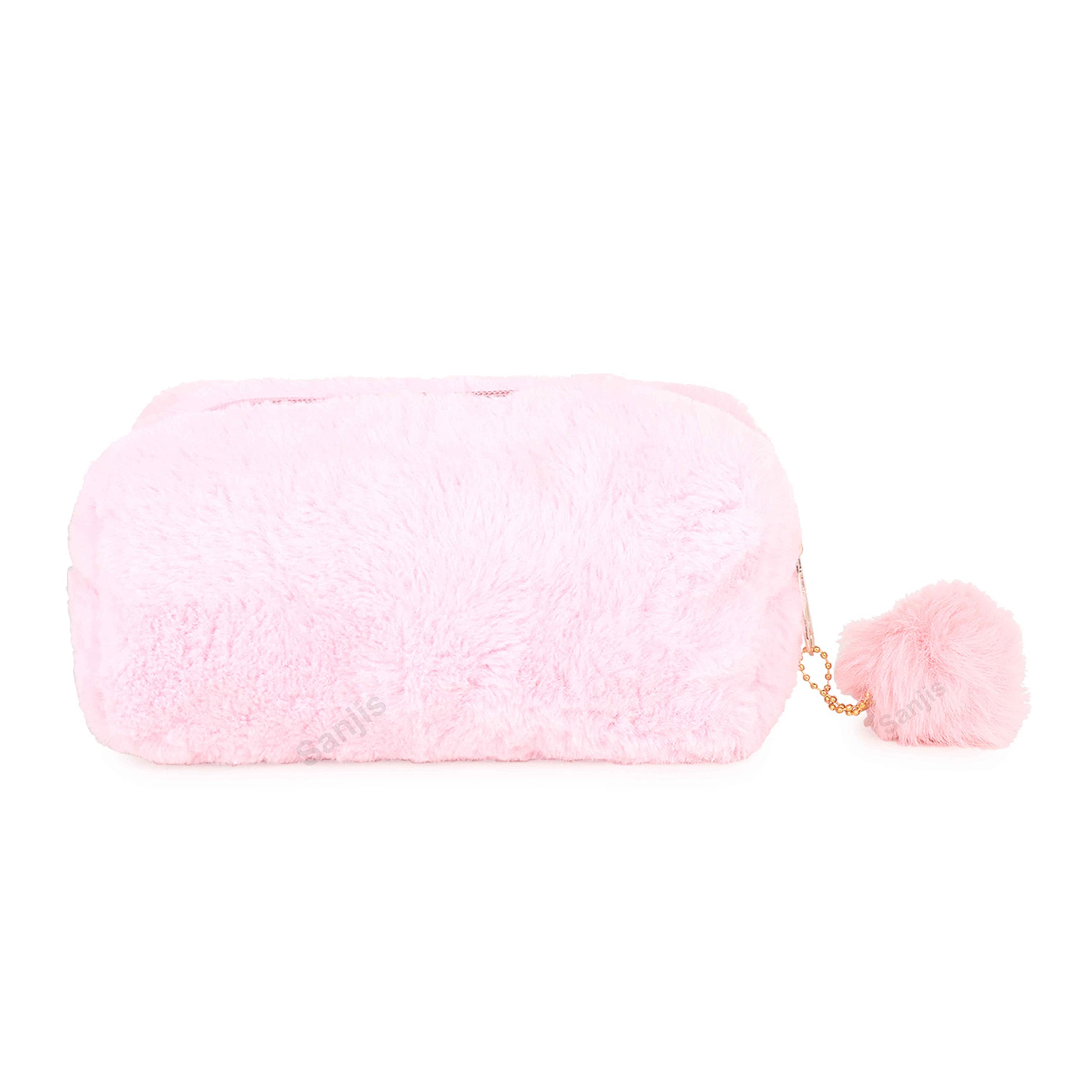 Sanjis Enterprise Small Faux Fur Cosmetic Bag - Elegant Makeup Pouch with Zipper for Lipstick & Toiletries | Perfect Women's Travel Organizer & Gift Idea (Pink) | Great for Daily Makeup Storage, Weekend Getaways & Birthday Presents