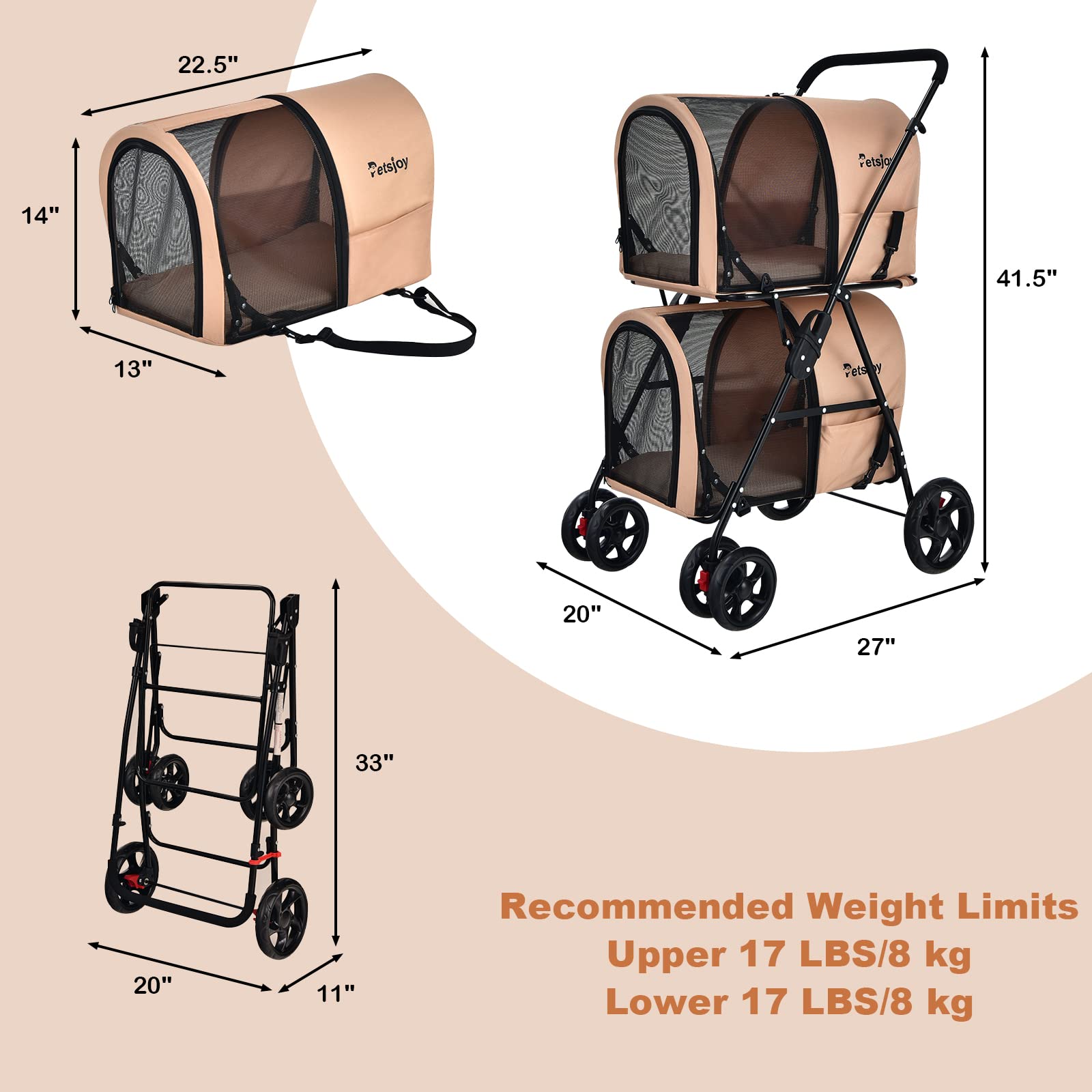 Foldable Double Dog Stroller for 2 Small/Medium Pets - Detachable Carrier Wheels, Jogger Stroller Crate for Car Seat - Perfect for Walking, Camping & Travel (Beige) | Ideal for Vet Visits, Park Outings & Shopping Trips