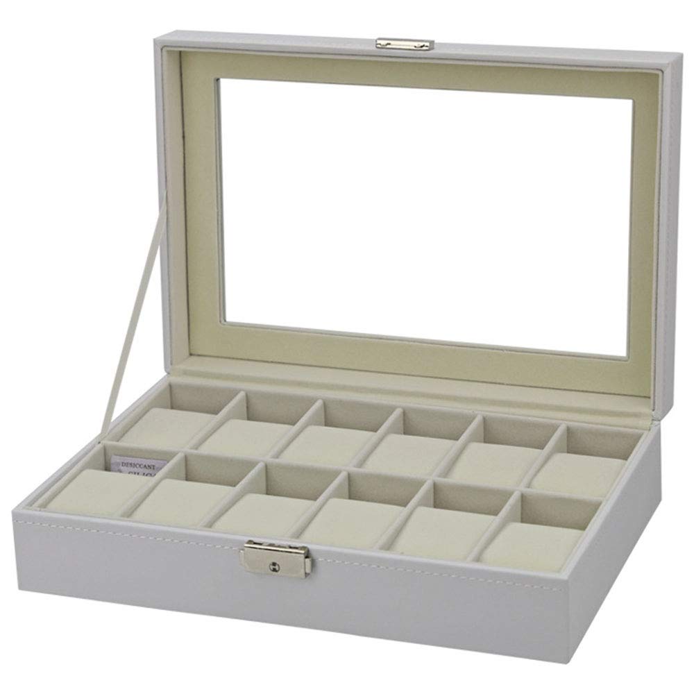 12-Bit Watch Storage Box with Clear Glass Lid - White PU Leather Watch Display Case for Smart Bracelets & Luxury Watches | Perfect for Watch Collectors, Jewelry Organizers & Gift Presentation