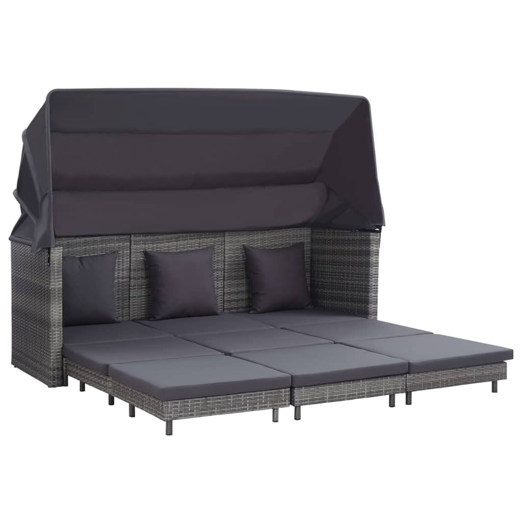 Extendable 3-Seater Sofa Bed with Poly Rattan Roof - Gray Convertible Couch for Living Room, Bedroom, Office & Apartment | Space-Saving Sleeper Sofa for Small Spaces, Guest Rooms & Studio Apartments