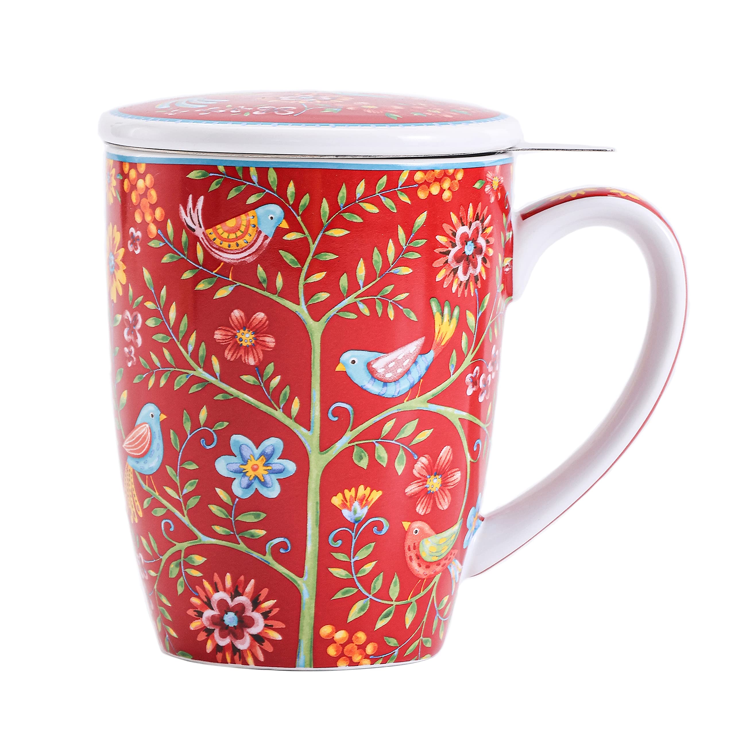 Bico Red Spring Bird 12oz Porcelain Tea Mug with Infuser & Lid - Microwave & Dishwasher Safe - Perfect for Home, Office & Gift Giving