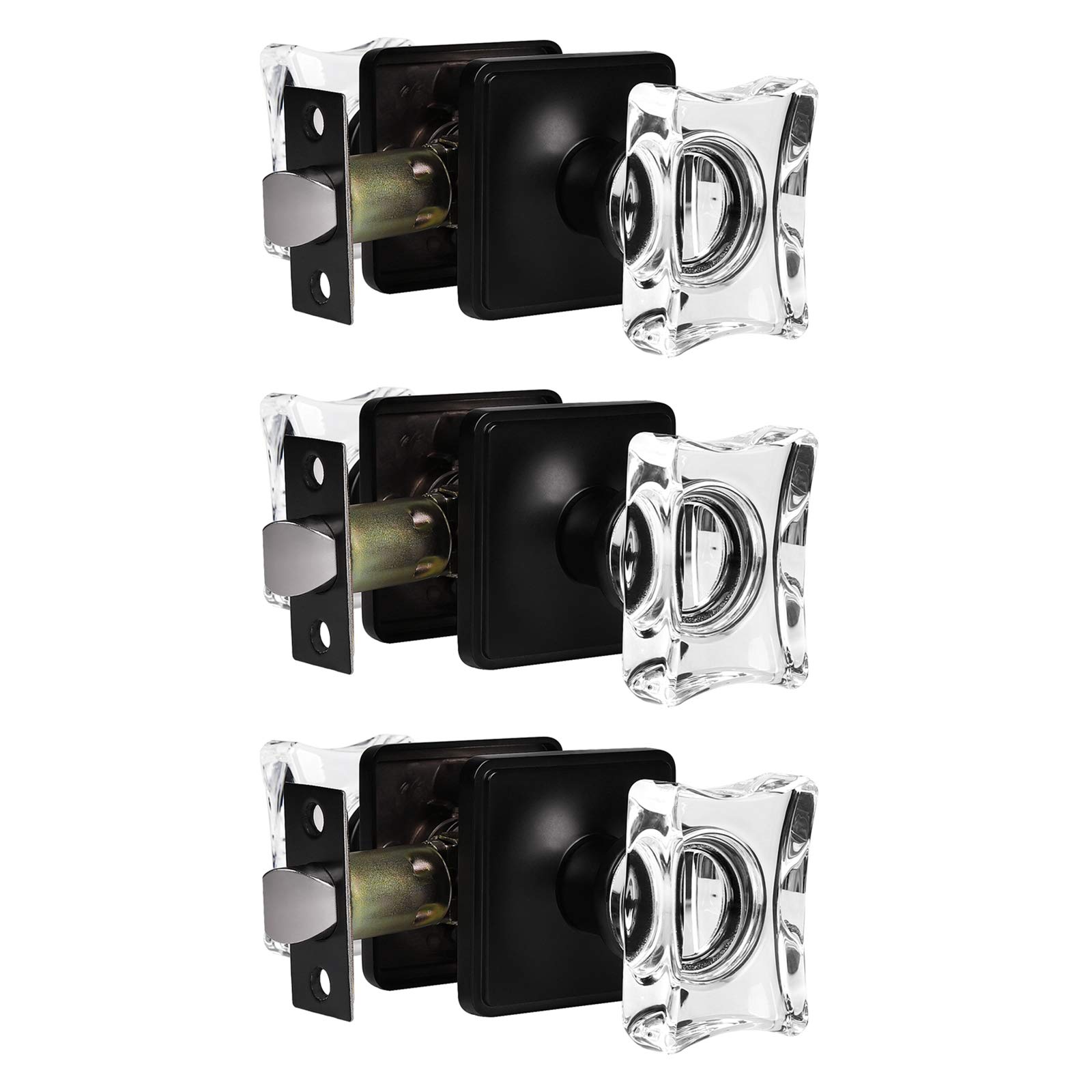 3 Pack Black Square Crystal Glass Door Knobs Set - Keyless Passage Function for Hall, Closet & Interior Doors | Modern Diamond Design for Stylish Home Décor | Perfect for Bedrooms, Bathrooms & Office Spaces