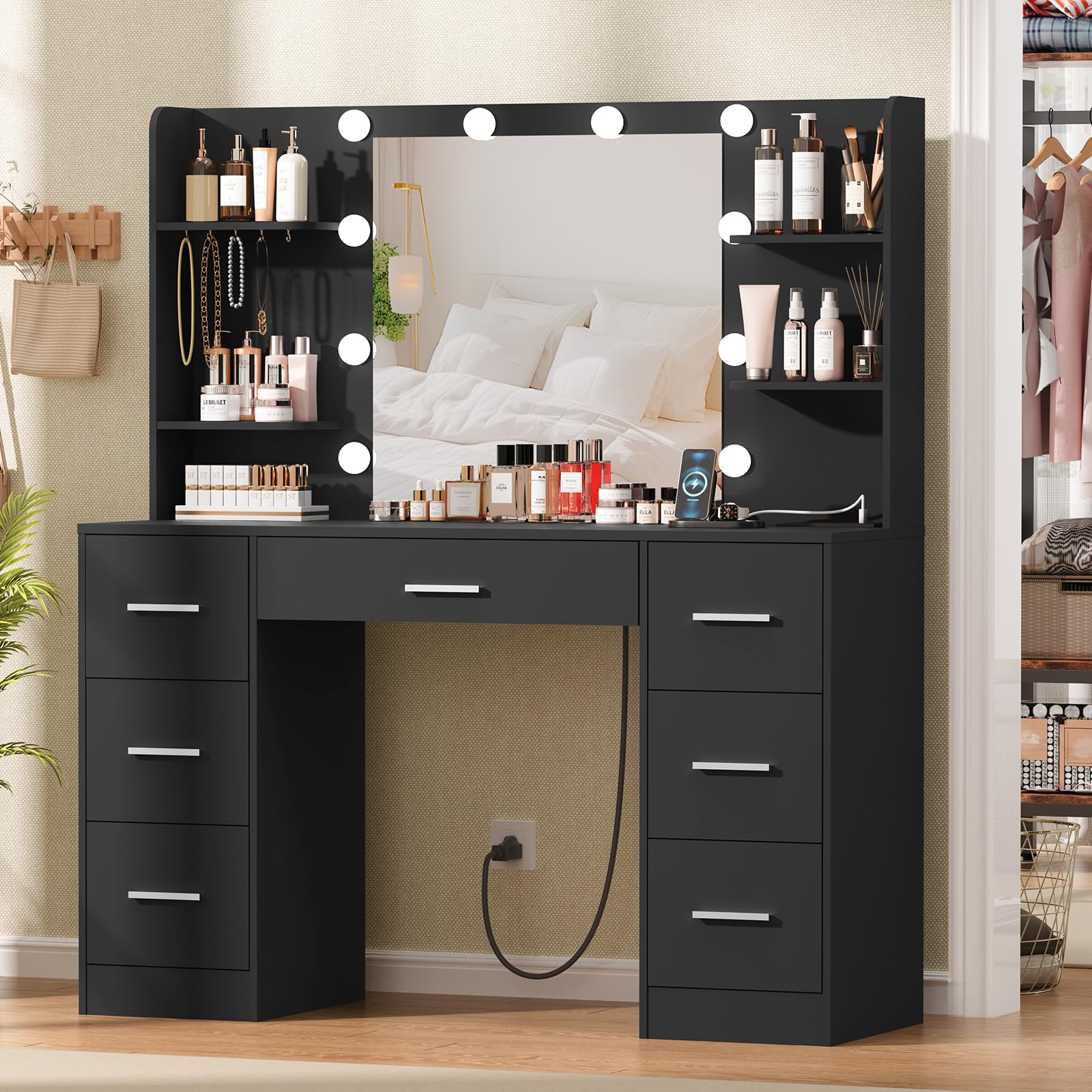 Quimoo Large Vanity Desk with LED Lighted Mirror & Power Outlet - Makeup Vanity Table with 7 Drawers, 4 Shelves & 5 Hooks - Modern Vanity Desk Set for Bedroom or Bathroom (Black) - Perfect for Makeup Organization, Dressing Room & Home Decor