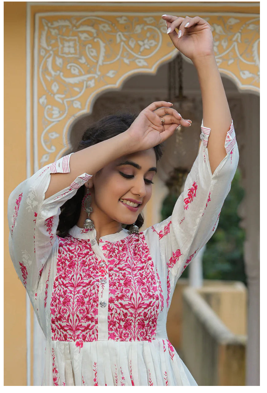 Stylish Off White Cotton Anarkali Kurti for Women - Elegant Indian Ethnic Wear for Festivals, Weddings & Special Occasions