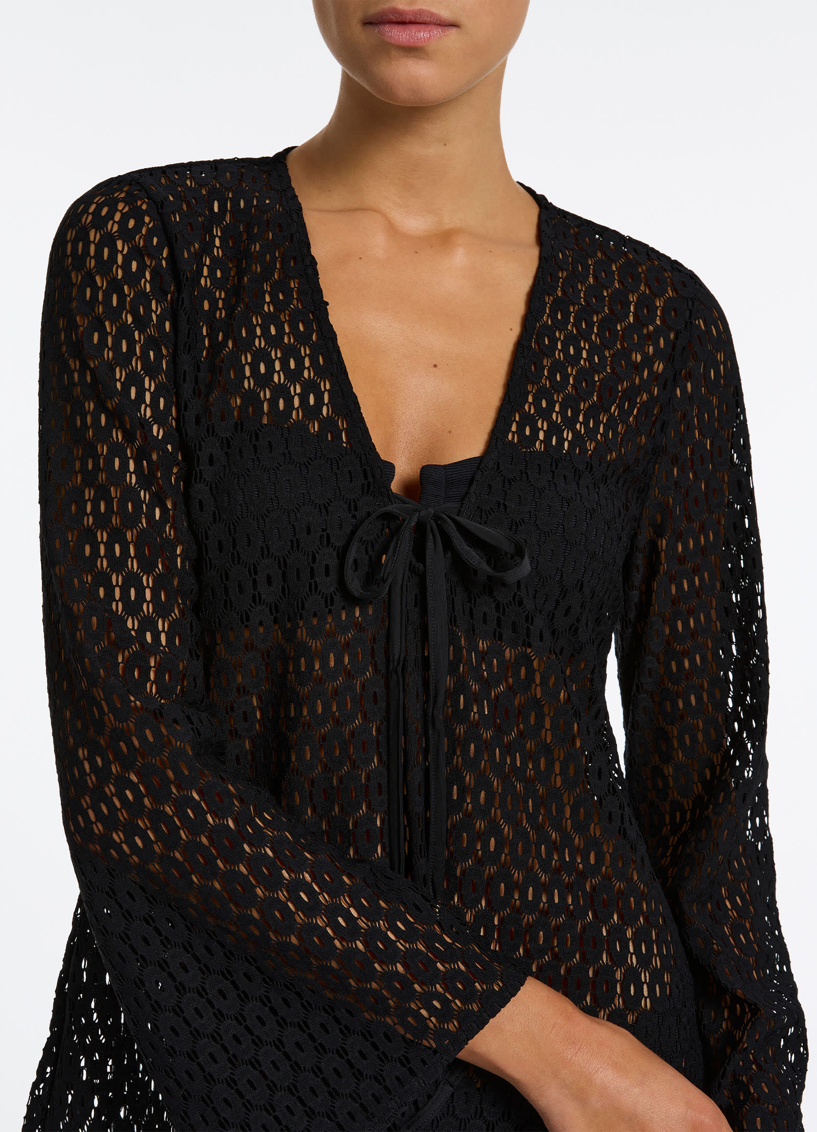 Black Stretch Lace Kaftan Dress - Elegant Beach Cover Up, Poolside Lounge & Summer Vacation Outfit