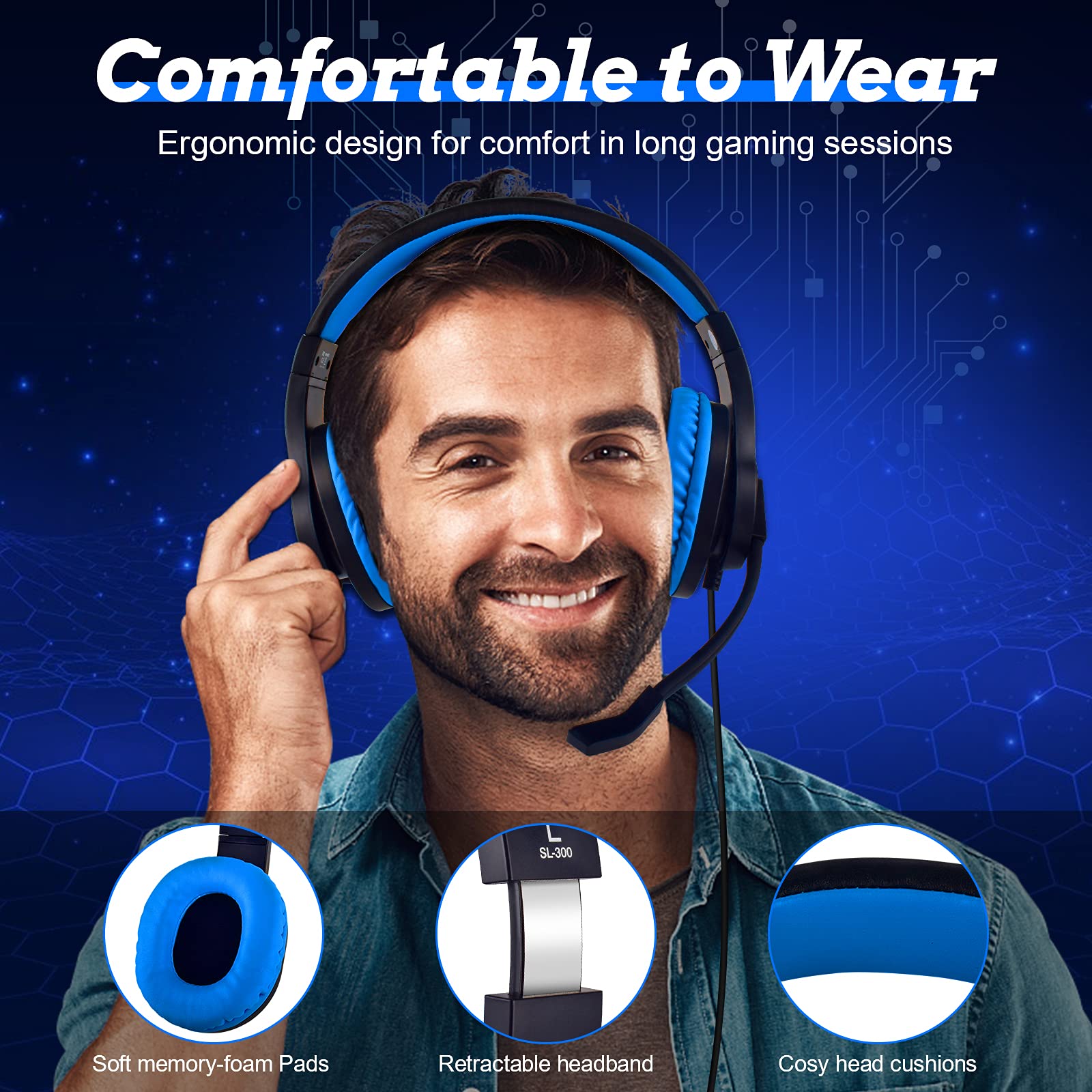 DIWUER Gaming Headset with Mic - Noise Cancelling Over-Ear Headphones for Nintendo Switch, Xbox One, PS4, PC, Laptop & Smartphones - 3.5mm Bass Surround Sound (Blue) - Perfect for Gaming, Streaming & Online Meetings