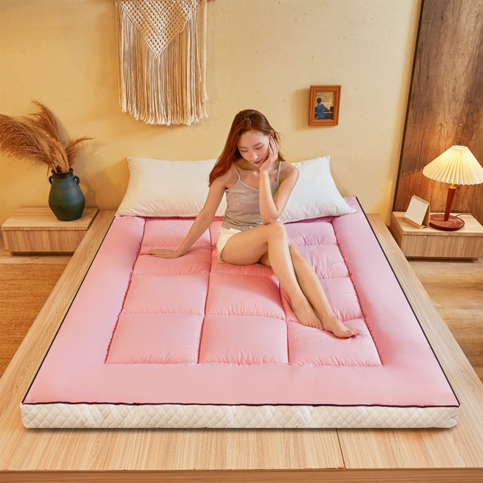 Foldable Futon Mattress Topper - Thick Tatami Floor Mat & Roll Up Bed - Soft Breathable Portable Sleeping Pad for Single/Double/Queen Size Beds - Perfect for Guest Rooms, Camping & Small Spaces