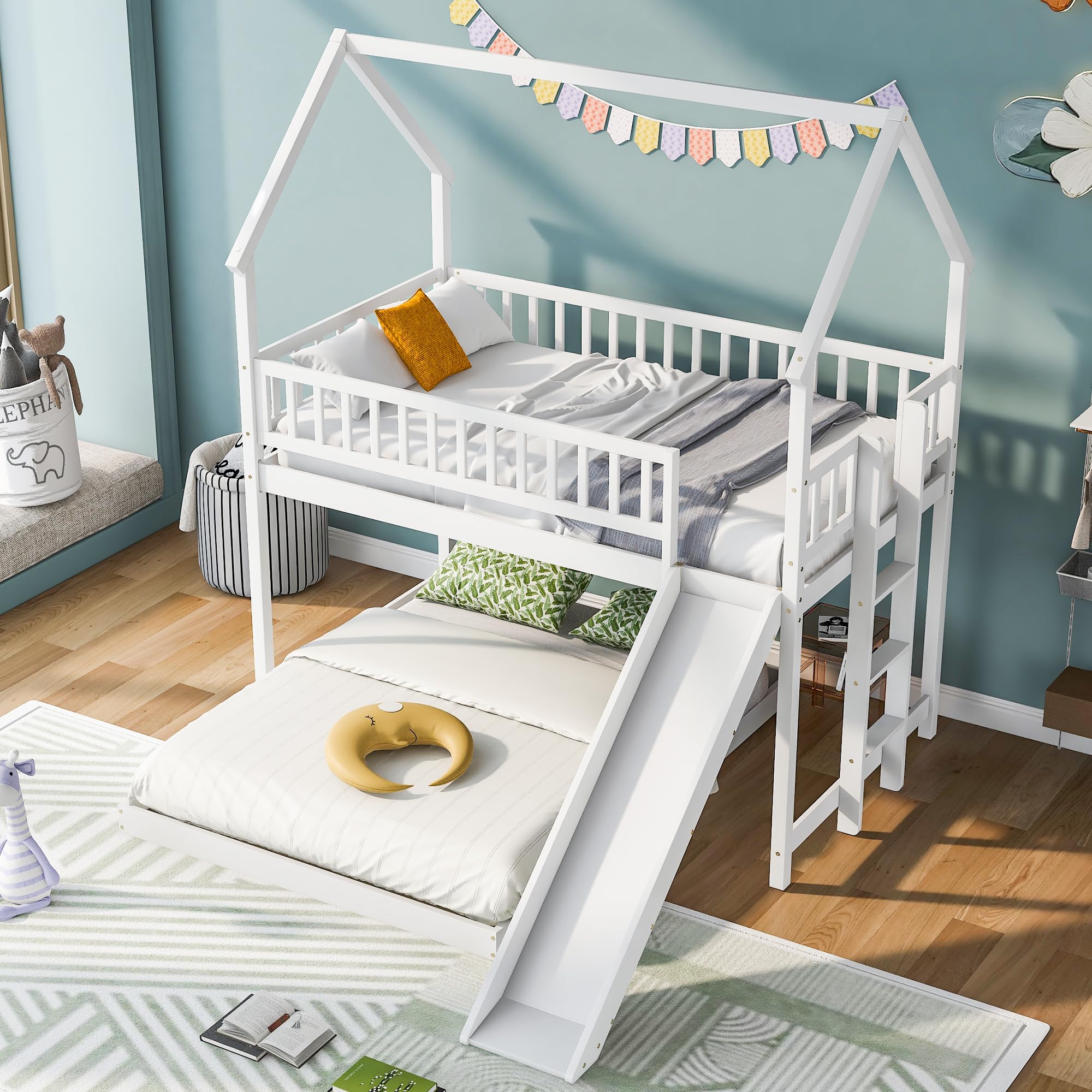 Wooden Twin Over Full Bunk Bed with Slide - Kids House Style Bunk Bed with Roof for Boys & Girls Bedroom - No Box Spring Needed - White - Perfect for Small Spaces & Sleepovers