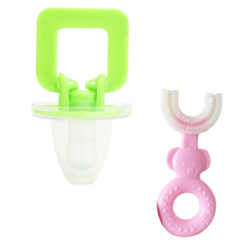 Joy Buzz BPA-Free Silicone Pacifier & U-Shape Toothbrush Combo for Babies 0-12 Months | Safe Infant Oral Care Set | Perfect for Teething Relief & Early Dental Hygiene (Green & Pink) | Ideal for Home, Travel & Daycare Use