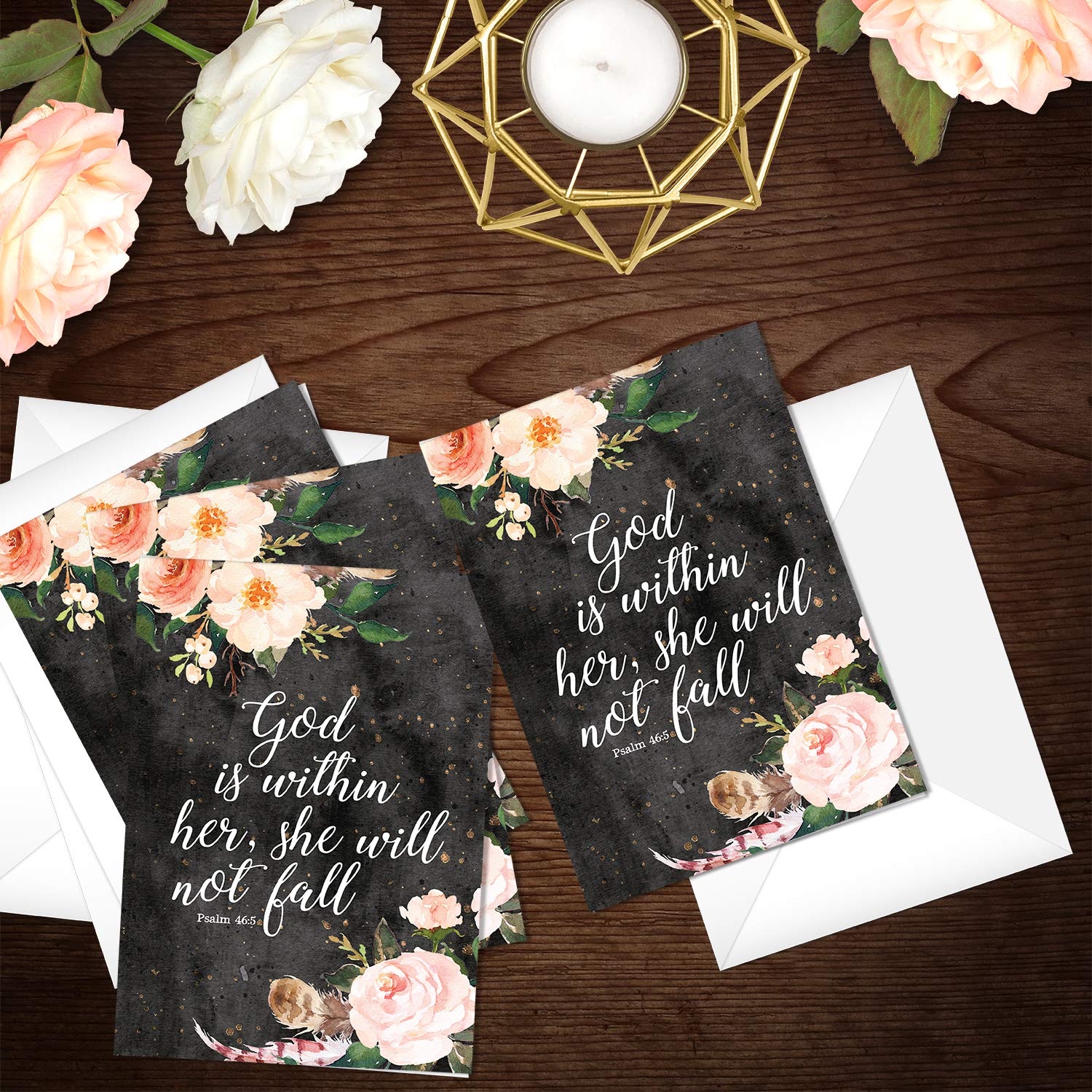 God Is Within Her She Will Not Fall Religious Note Cards - Set of 24 Floral Motivational Greeting Cards with Envelopes | Inspirational Christian Gifts for Women, Bible Study Groups & Church Events