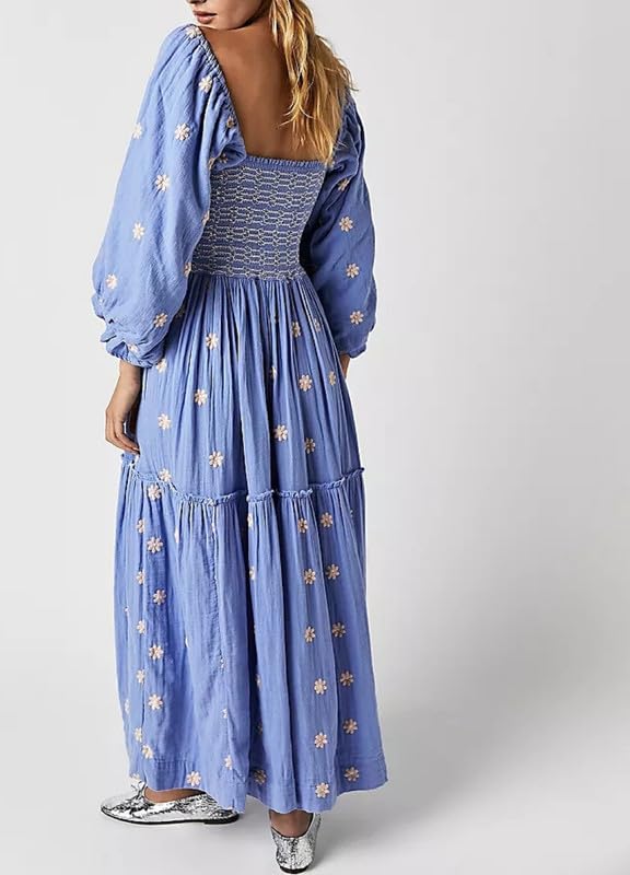 Women's Floral Embroidered Puff Sleeve Maxi Dress - Square Neck High Waist A-Line Long Dress with Tiered Flowy Skirt | Perfect for Summer Weddings, Beach Vacations & Boho Fashion