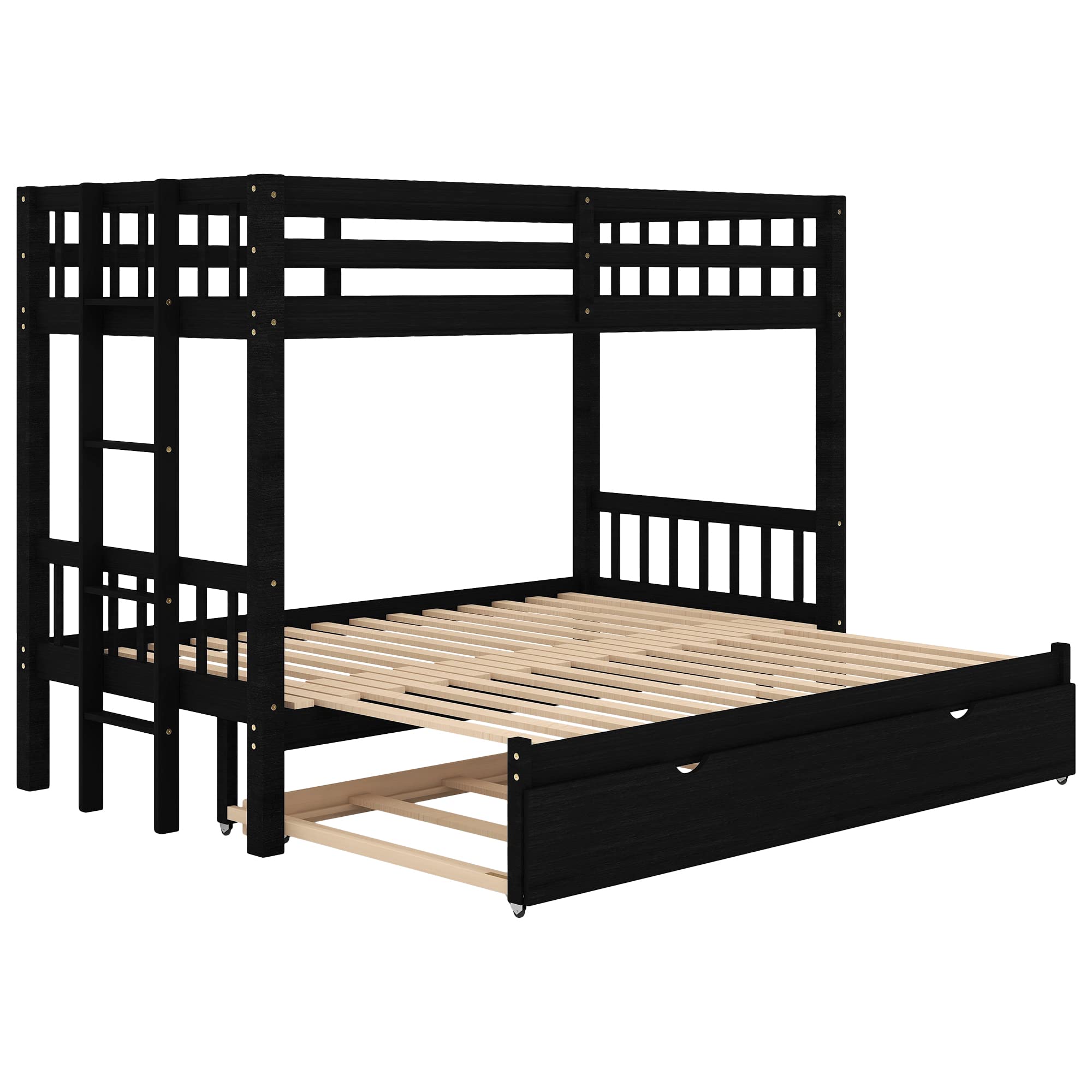 Twin Over Double Twin Bunk Bed with Trundle - Convertible 4-in-1 Wooden Bunk Bed with Ladder & Safety Rail in Espresso - Perfect for Kids' Bedroom, Guest Room or Small Space Saving Solution