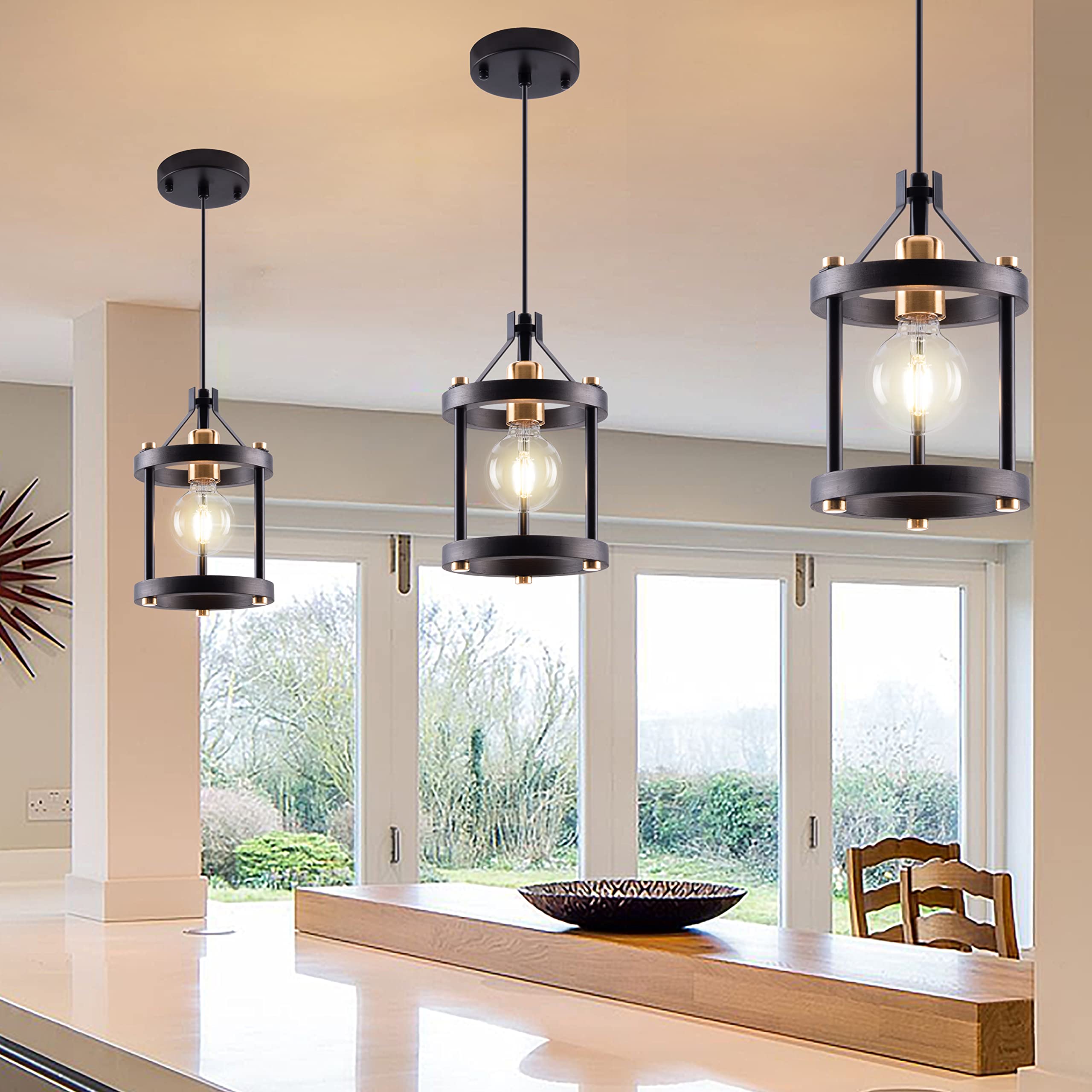 MO&OK Vintage Pendant Light Fixture Set of 3 - Black Farmhouse Wooden Metal Chandeliers with Open Frame Design - Perfect for Dining Room, Kitchen Island, Living Room, Bar & Entrance Hall Lighting | Elegant Hanging Lights for Home Decor & Interior Design
