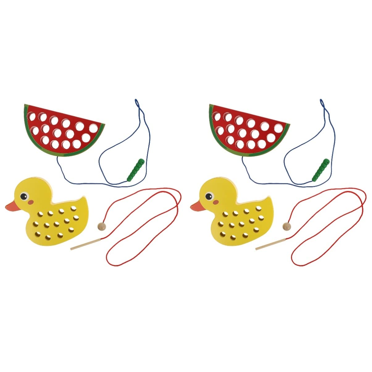 Toyvian 4-Piece Wooden Lacing Threading Toy Set - Watermelon & Duck Shapes for Kids Fine Motor Skills Development - Perfect for Preschool Learning & Montessori Activities