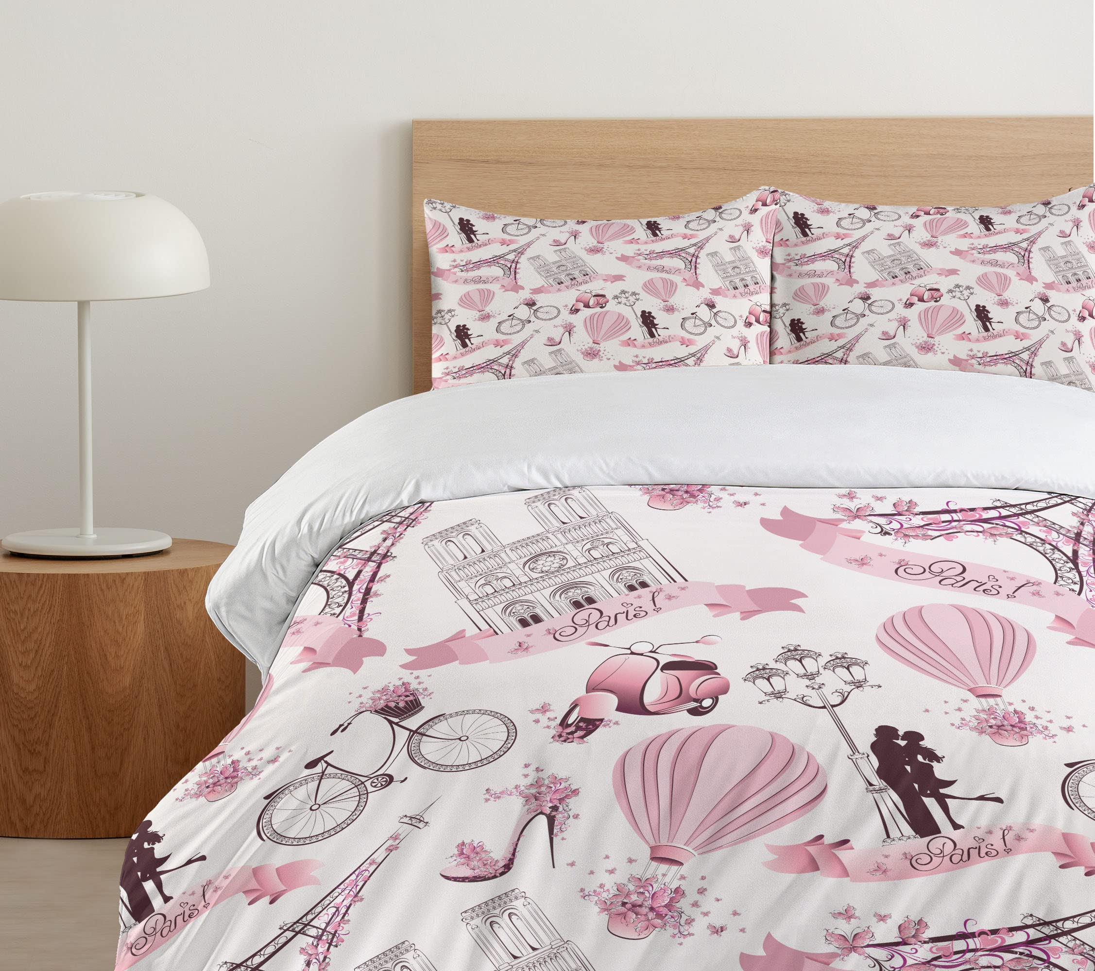 Ambesonne Paris Themed Duvet Cover Set - Eiffel Tower, Hot Air Balloon & Romantic Flowers Design, 3-Piece California King Bedding with 2 Pillow Shams in Pale Pink & White | Perfect for Honeymoon Decor, Travel Enthusiasts & French-Themed Bedrooms