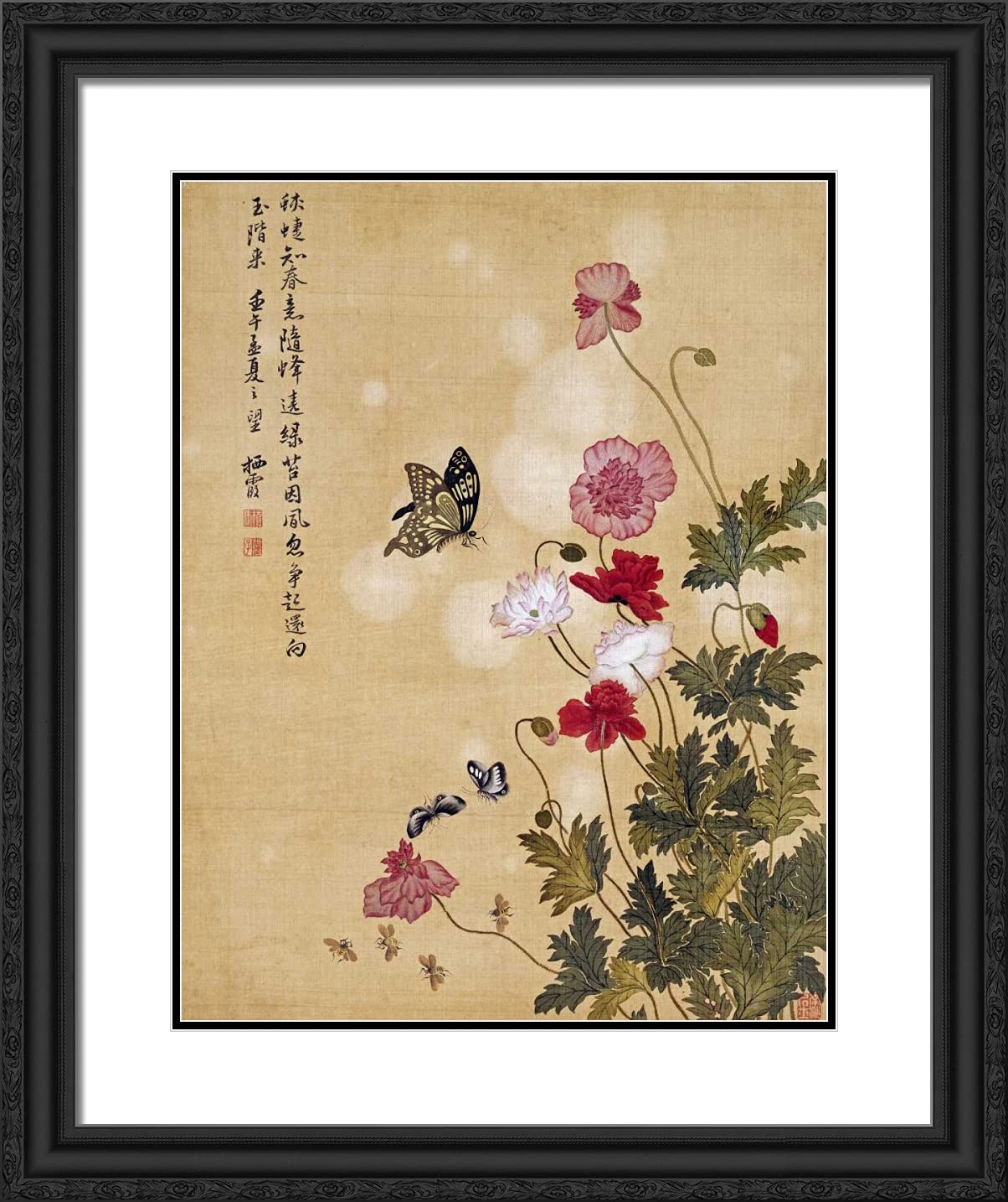 20x24 Black Ornate Framed Art Print - Corn Poppy and Butterflies by Ma Yuan | Double Matting Wall Decor | Perfect for Living Room, Bedroom & Office