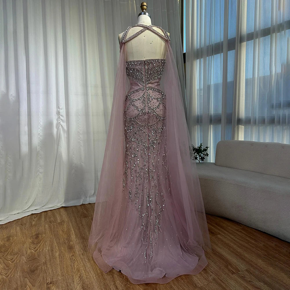 Luxury Dubai Nude Cape Sleeves Beaded Crystal Arabic Evening Dresses Gowns For Women Wedding Party LA72806 - Elegant Formal Gown for Bridal Shower, Red Carpet Events & Special Occasions