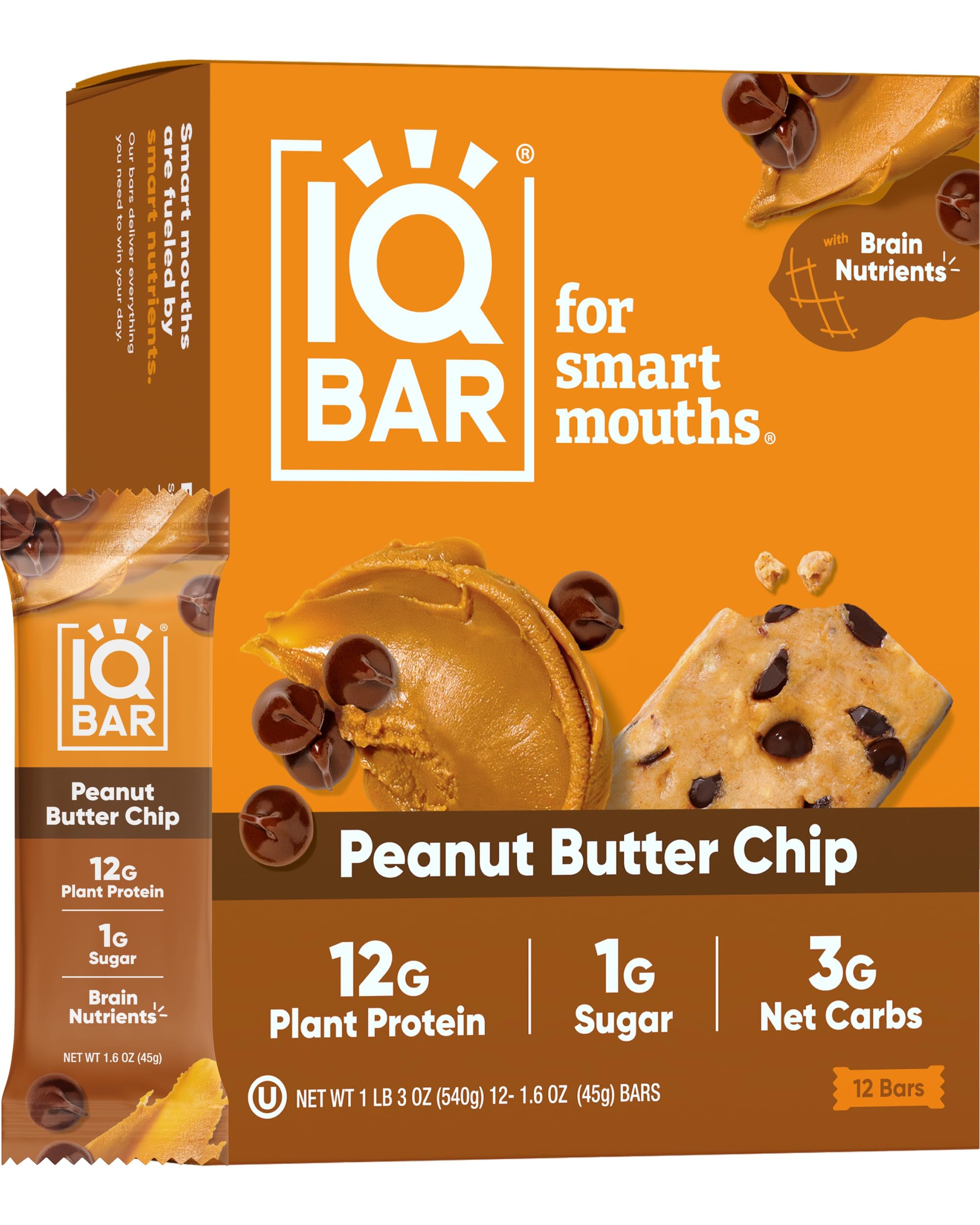 IQBAR Brain & Body Plant Protein Bars - Peanut Butter Chip (12 Count) | Low Carb, High Fiber, Gluten Free, Vegan, Keto-Friendly Snacks | Perfect for Workouts, Hiking & On-the-Go Energy