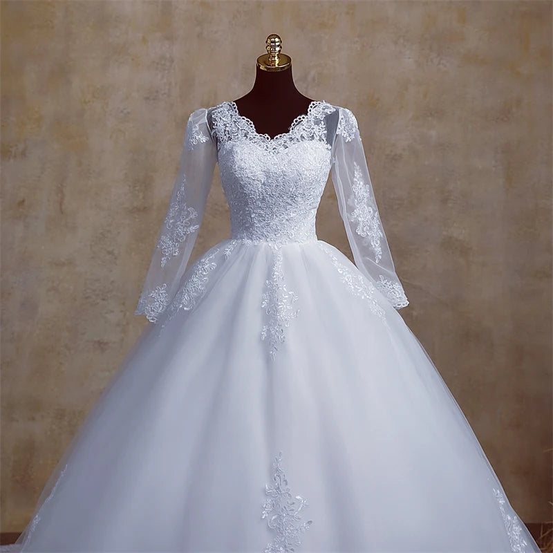 Elegant V-Neck Long Sleeve Plus Size Wedding Dress with Cathedral Train - Perfect for Bridal Ceremonies & Formal Events