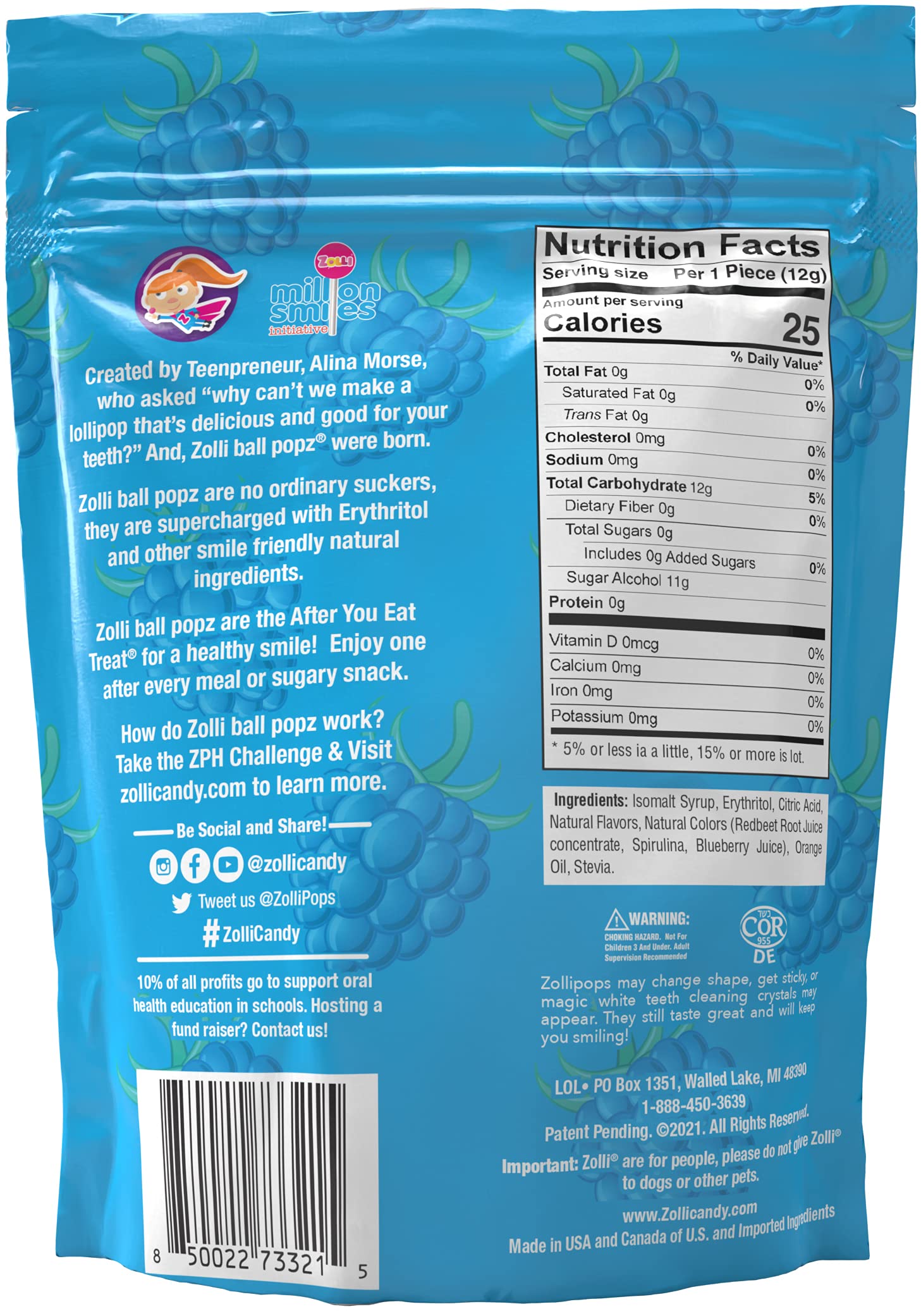 Sugar-Free Zolli Ball Popz Blue Raspberry Lollipops - Vegan, KETO & Diabetic Friendly Candy | Allergy-Free, Gluten-Free Treat for Kids & Adults | Perfect for Parties, Gifts & Healthy Snacking