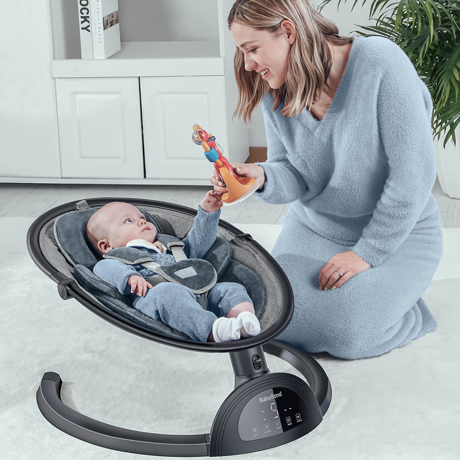 BabyBond Bluetooth Baby Swing for Infants - 5 Speed Adjustable with Music Speaker, 3 Reclining Positions & Remote Control - Safe 5-Point Harness for Newborns to Toddlers - Perfect for Nursery, Travel & Outdoor Use (Black)