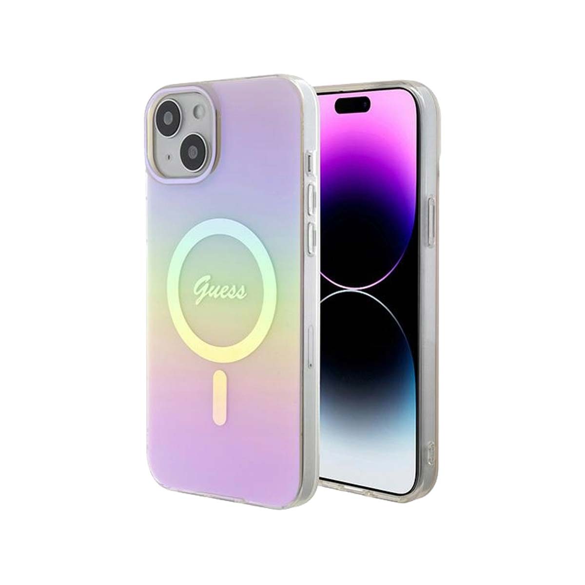 Guess Script MagSafe Phone Case for iPhone 15 Plus - Iridescent Pink | Slim Protective Cover with Magnetic Alignment | Perfect for Work, Travel & Everyday Use