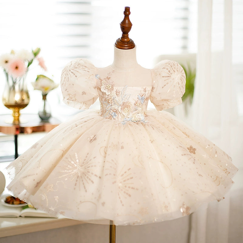 Champagne Princess Round Tea Length Sequined Flower Girl Dress for Weddings, Pageants & Special Occasions