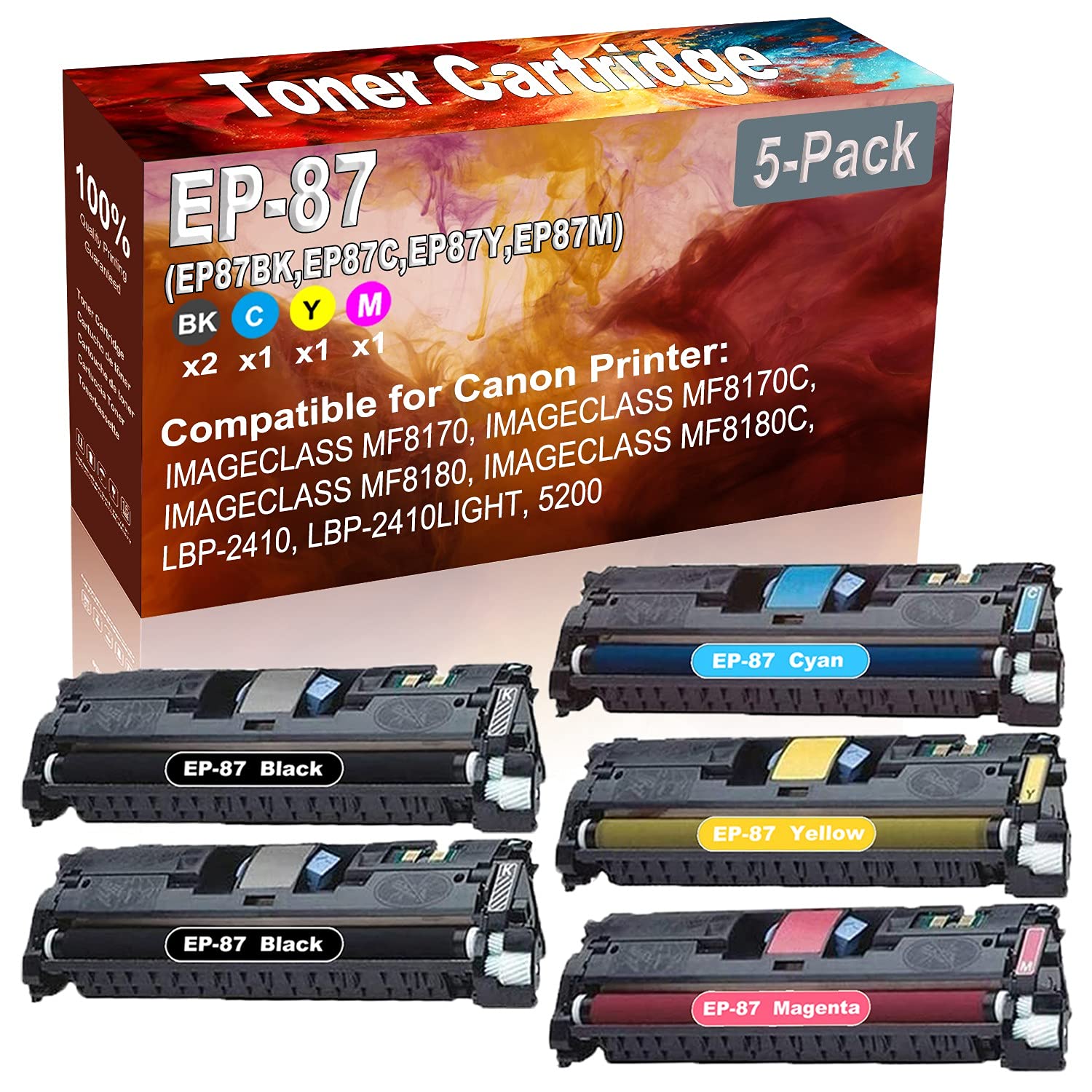 5-Pack (2BK+C+Y+M) High-Capacity Compatible Toner Cartridge for Canon IMAGECLASS MF8170/MF8170C/MF8180 Laser Printers - Replacement for EP-87 (EP87BK/EP87C/EP87Y/EP87M) - Perfect for Office Printing, Business Documents & High-Volume Home Use