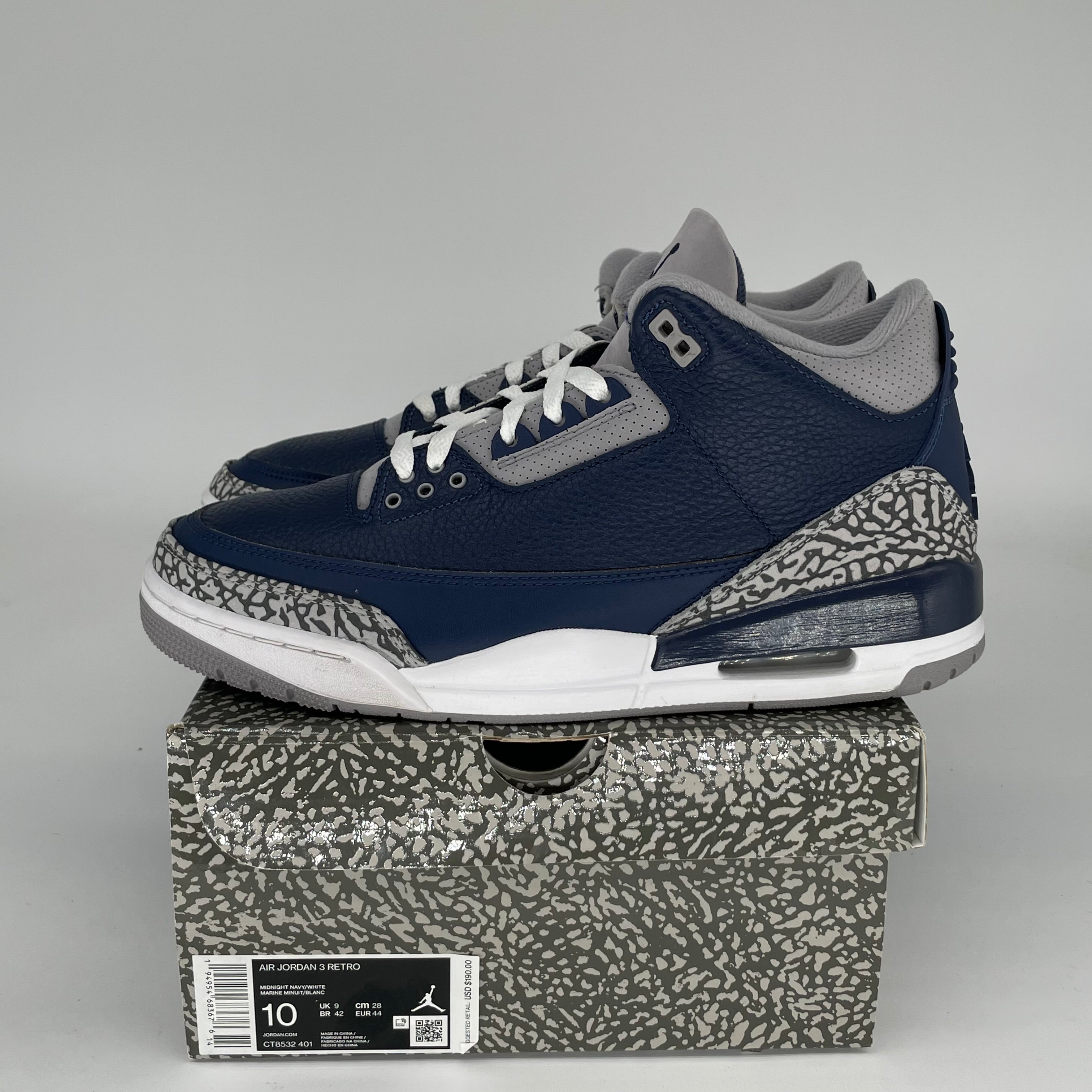 Original Air Jordan 3 Retro 'Georgetown' Men's Basketball Shoes Size 10 - CT8532-401 | Classic Sneakers for Streetwear, Basketball & Casual Wear