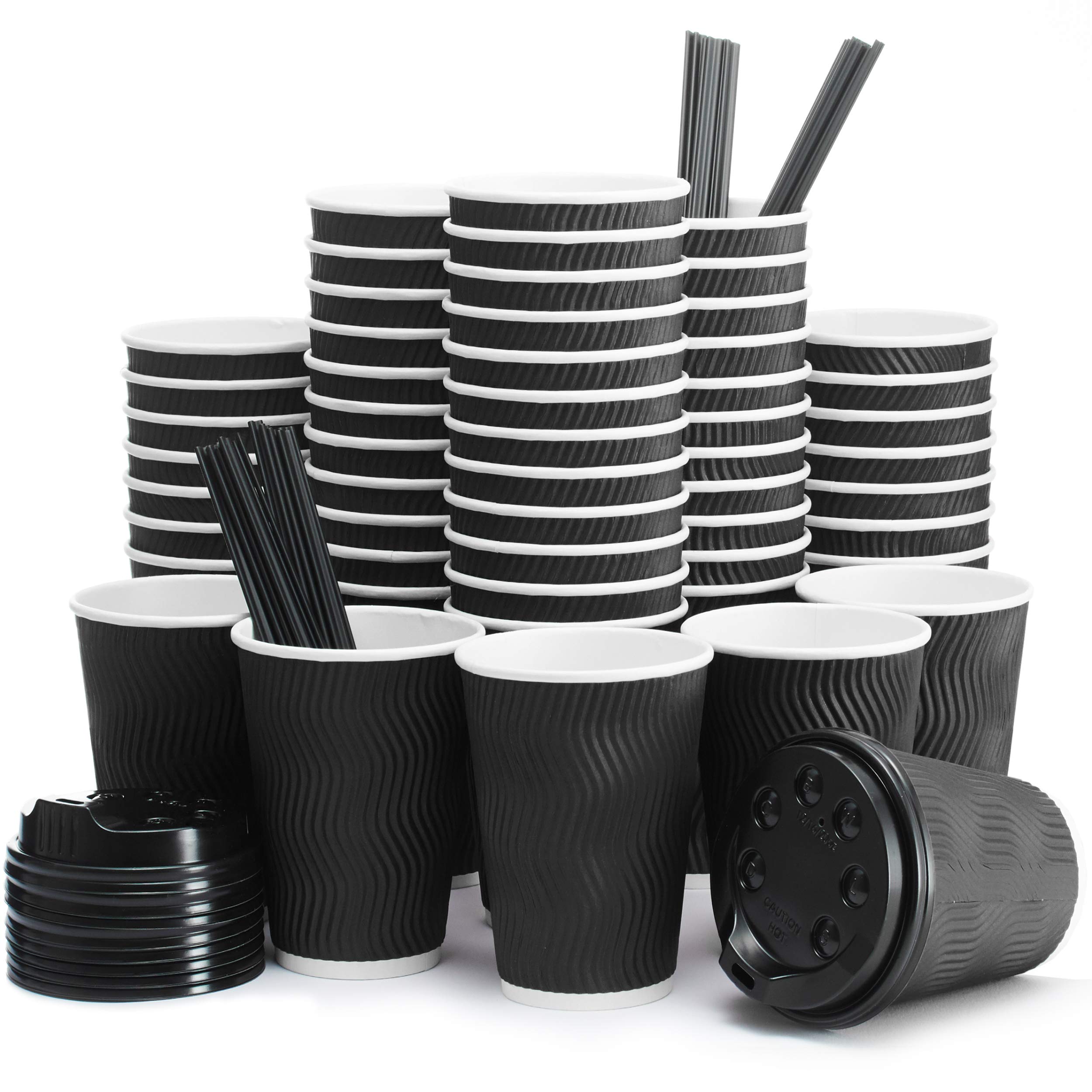 12 oz Insulated Disposable Coffee Cups with Lids & Straws - 100 Pack Black Paper Cups for Hot Beverages, Tea, Coffee | Perfect for Home, Office, Car, Coffee Shops & Parties | Keeps Drinks Warm On-The-Go