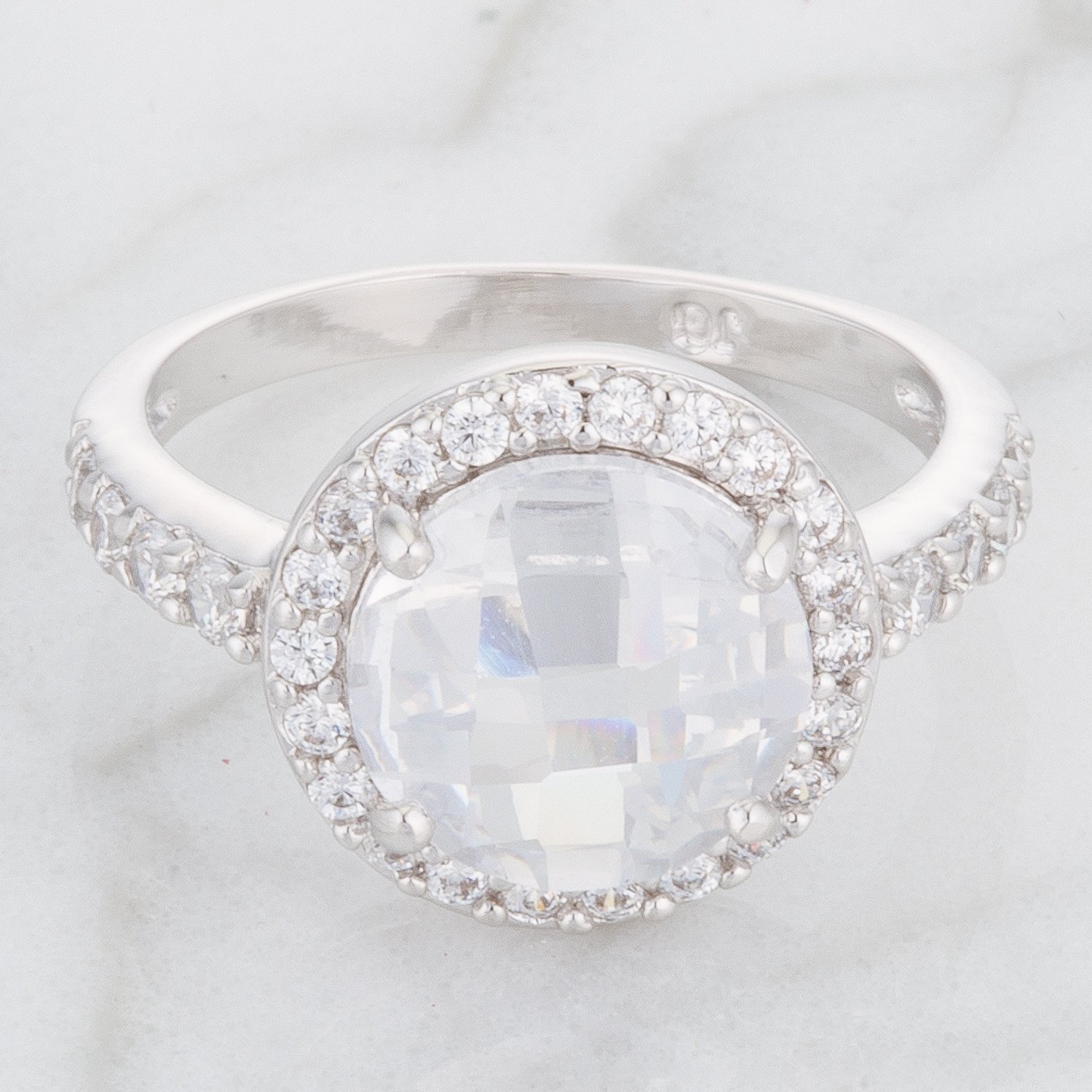Genuine Rhodium Plated Round Faceted Halo Engagement Ring with Round Cut Cubic Zirconia Accents - Size 10 | Perfect for Proposals, Weddings & Anniversary Gifts