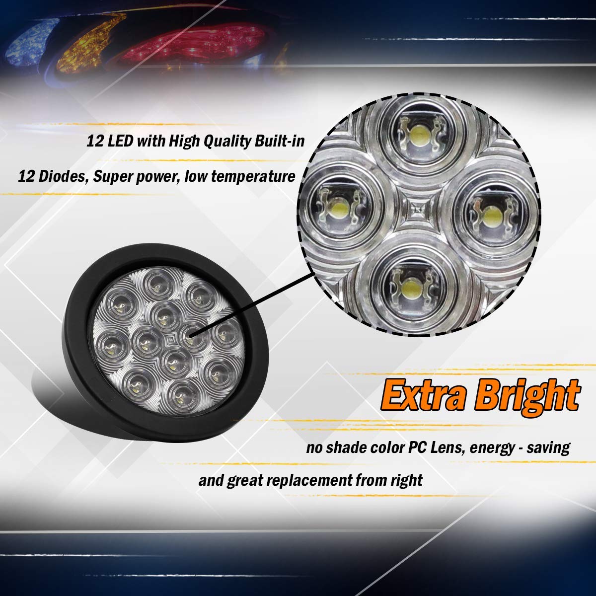 MADCATZ 4 Inch Round White LED Reverse Lights - 12 LED Backup Lamps for Trucks, Boats, Tractors, ATVs, RVs, Vans & Buses - Waterproof 12V DC Sealed Clearance Lights with Plugs & Grommets (Pack of 2) GA12 - Perfect for Nighttime Reversing, Off-Roading & Marine Applications