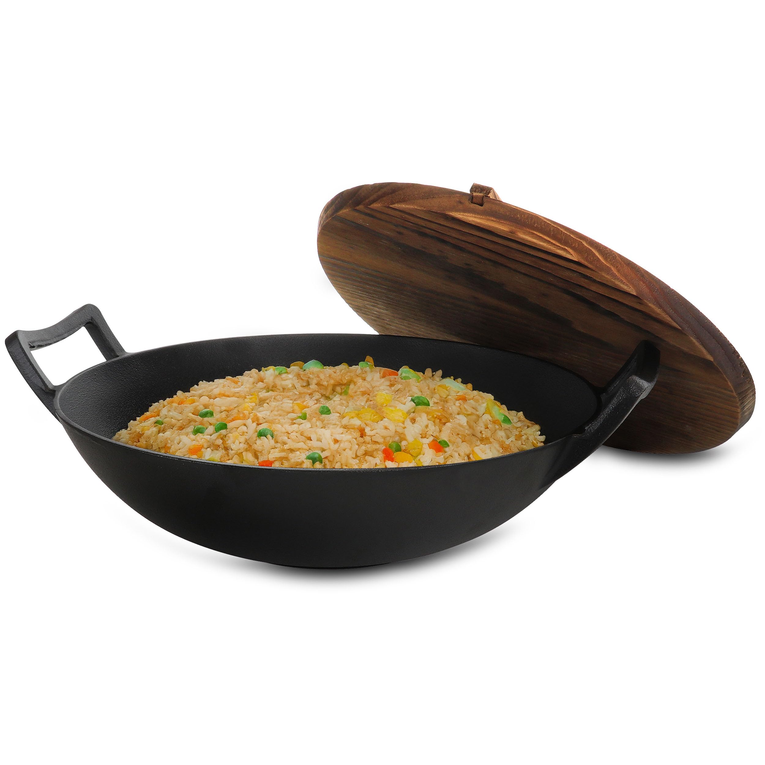 Megachef 14 Inch Pre-Seasoned Cast Iron Wok with Lid - Professional Carbon Steel Stir Fry Pan for Asian Cooking, High Heat Retention - Perfect for Stir-Frying, Deep Frying & Sautéing at Home
