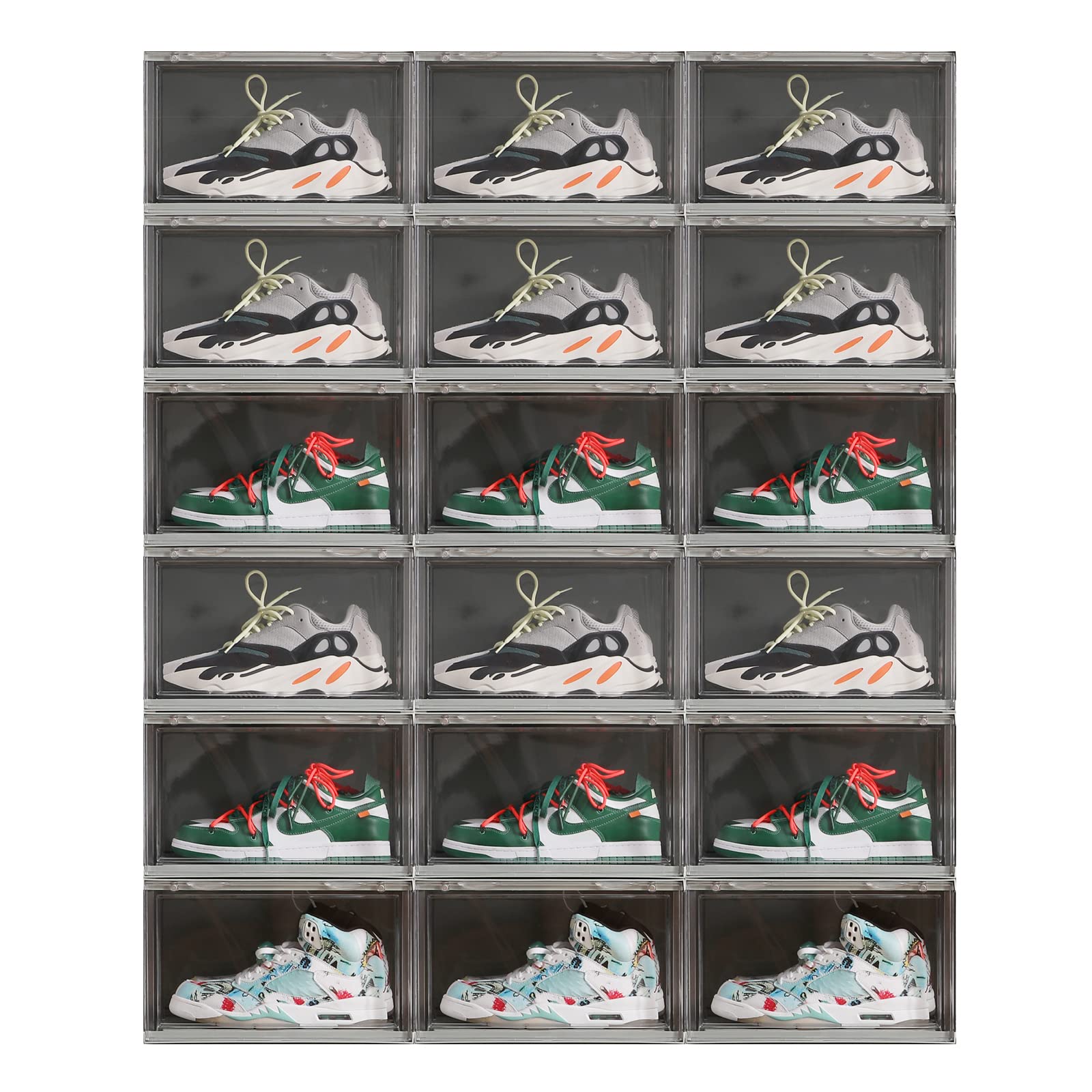 Clear Plastic Stackable Shoe Boxes - Pack of 18 Sneaker Storage Containers with Lids, 14.2 x 11 x 8.7 Inches for Shoes Up to US Size 13 | Perfect for Closet Organization, Shoe Display & Home Storage (Green)