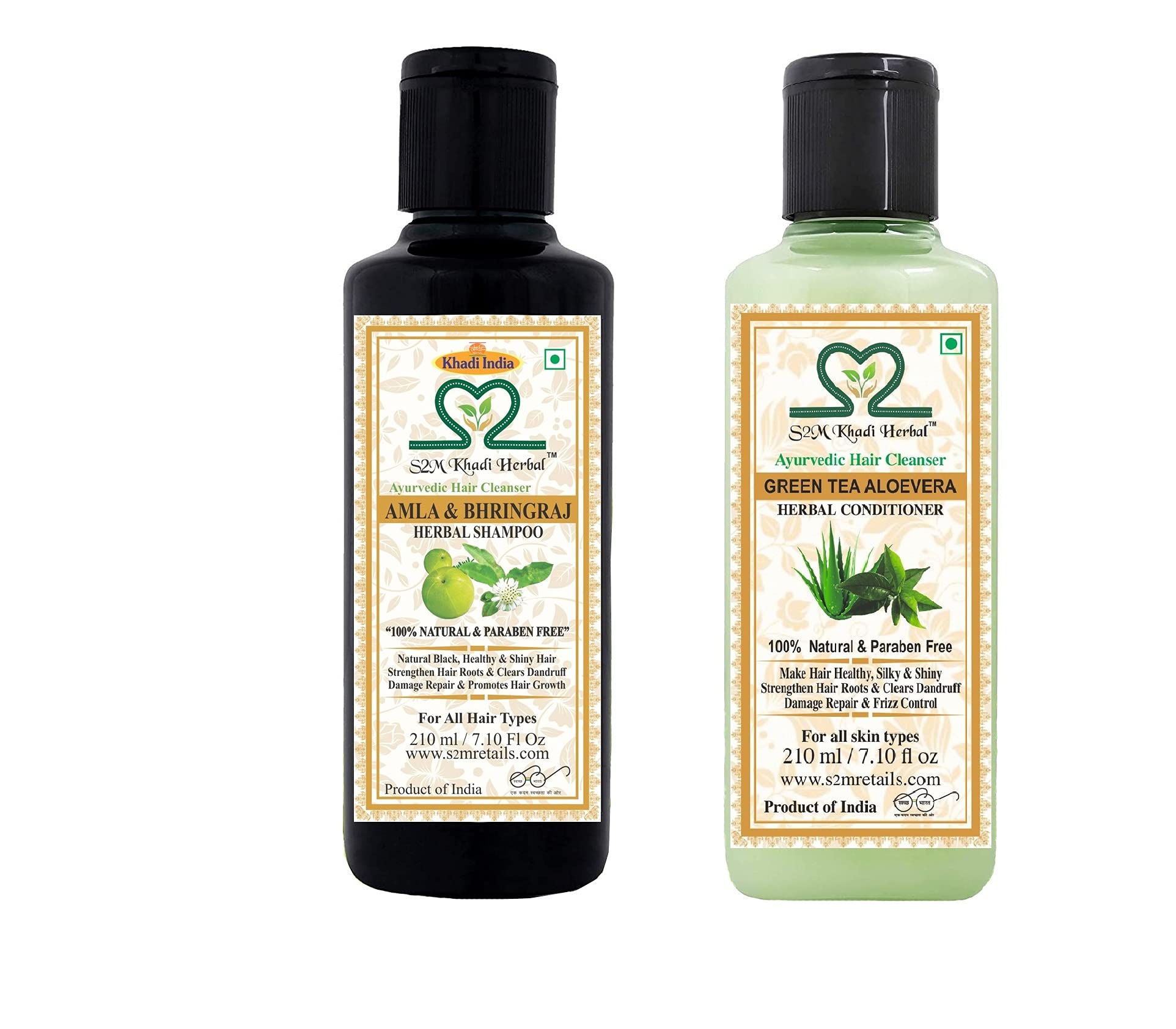 S2M KHADI HERBAL Ayurvedic Hair Care Kit - Amla Bhringraj Shampoo & Green Tea Aloe Vera Conditioner (210ml Each) for Dry, Damaged Hair - Natural Herbal Treatment for Hair Growth & Scalp Health - Perfect for Daily Hair Care Routine