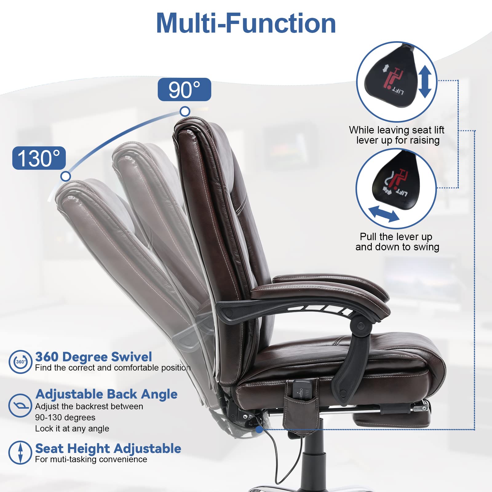 HOMREST 2-Point Massage Executive Office Chair with Footrest - Heated Reclining Ergonomic Desk Chair with Lumbar Support & Armrests - Brown Computer Chair for Home Office, Gaming & Workstation Use
