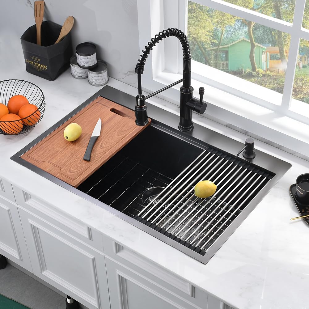 Bokaiya 33x19 Inch Black Stainless Steel Drop-In Kitchen Sink Workstation - 16 Gauge Deep Topmount Single Bowl with Cutting Board - Perfect for Meal Prep, Dishwashing & Small Space Kitchens