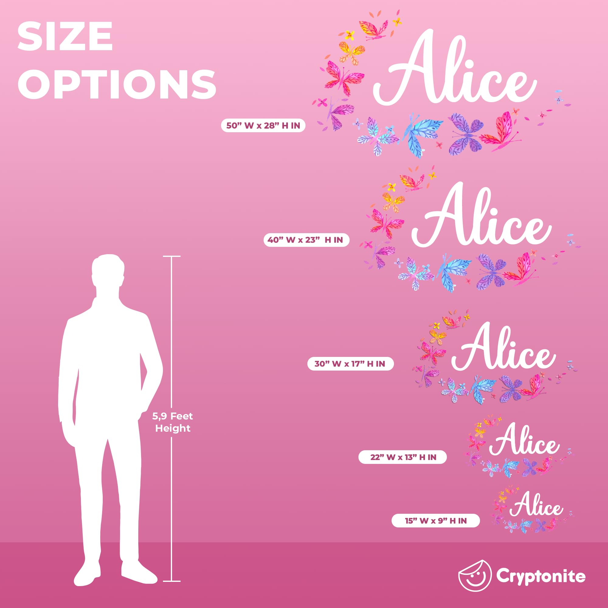 Personalized Name Butterfly Wall Decals for Girls Bedroom - Pink Butterfly Room Decor with Rainbow Wall Stickers - Multiple Size Options - Perfect for Nursery, Kids Room & Birthday Party Decorations